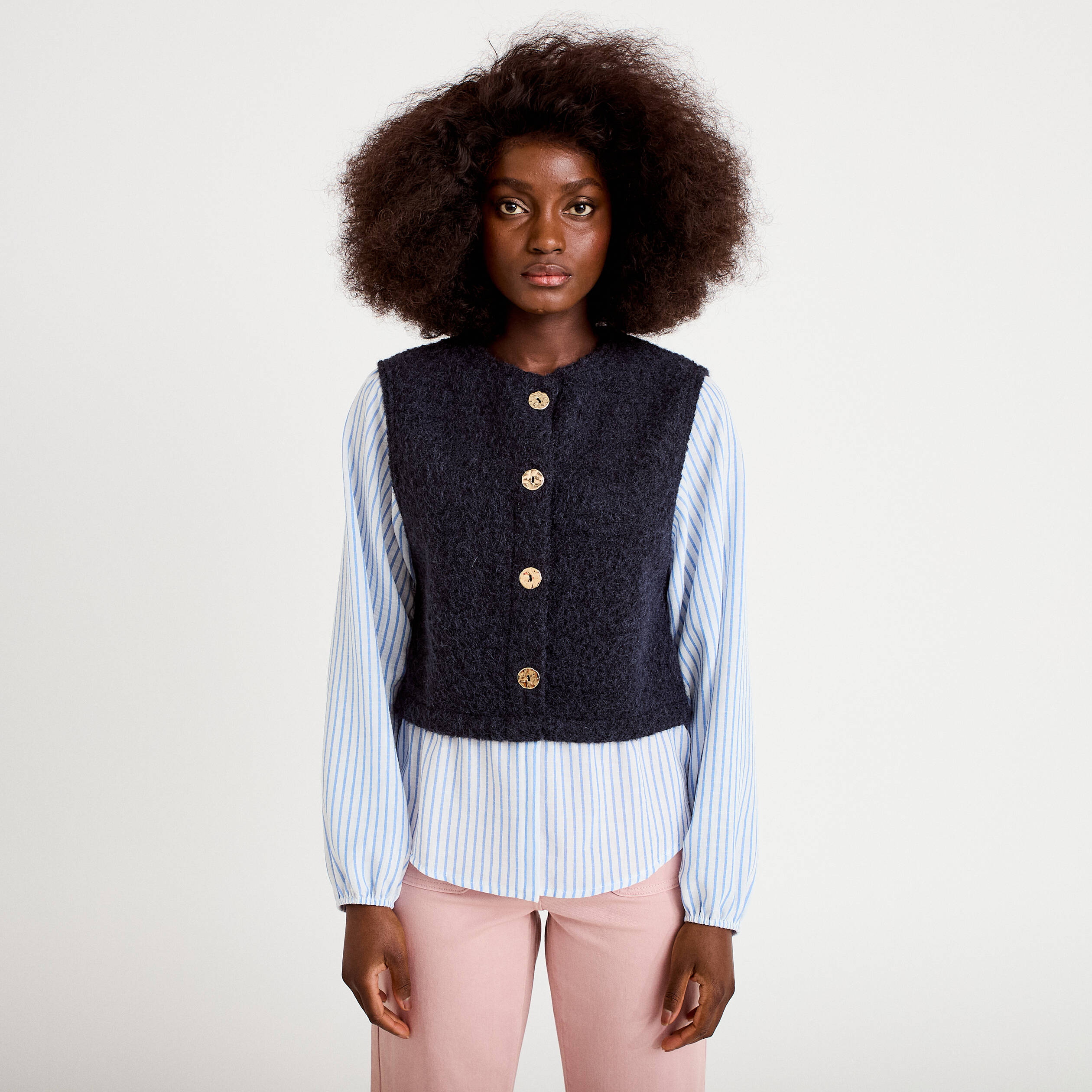Pull chemise 2-en-1 bleu marine femme