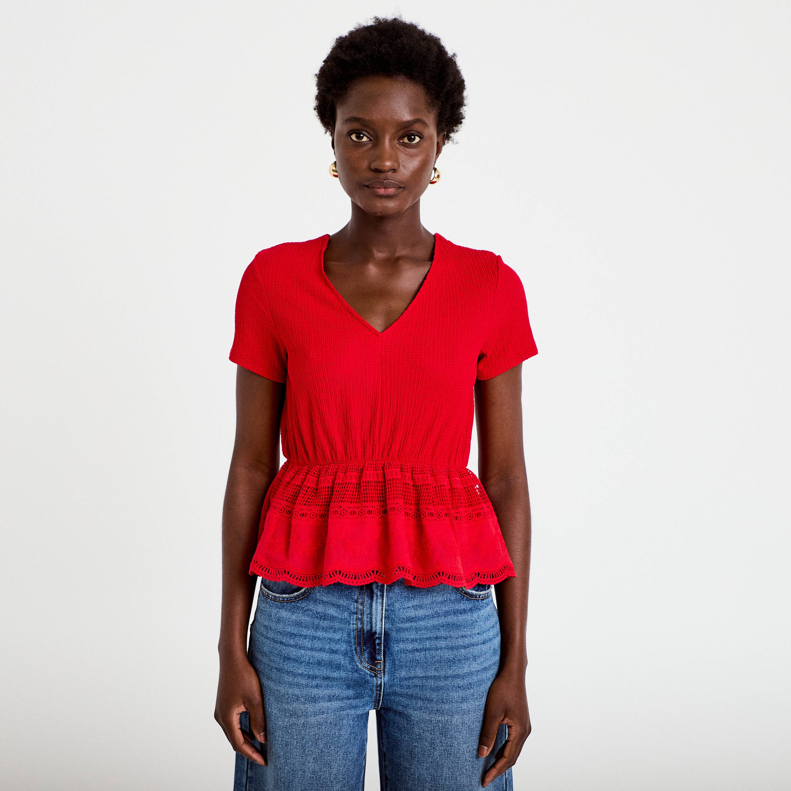 Blouse droite col v manches courtes rouge femme