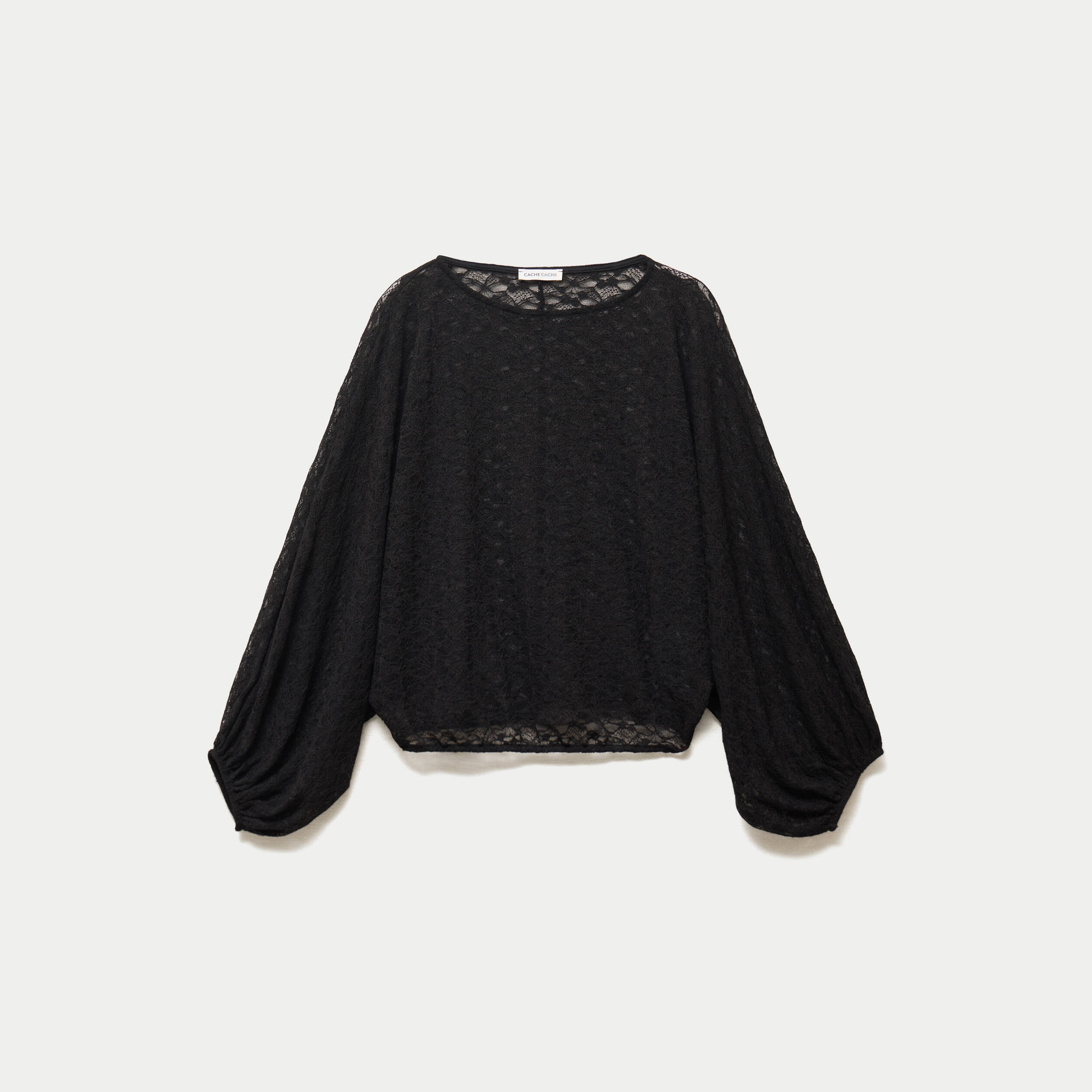 Blouse dentelle col rond manches longues noir femme