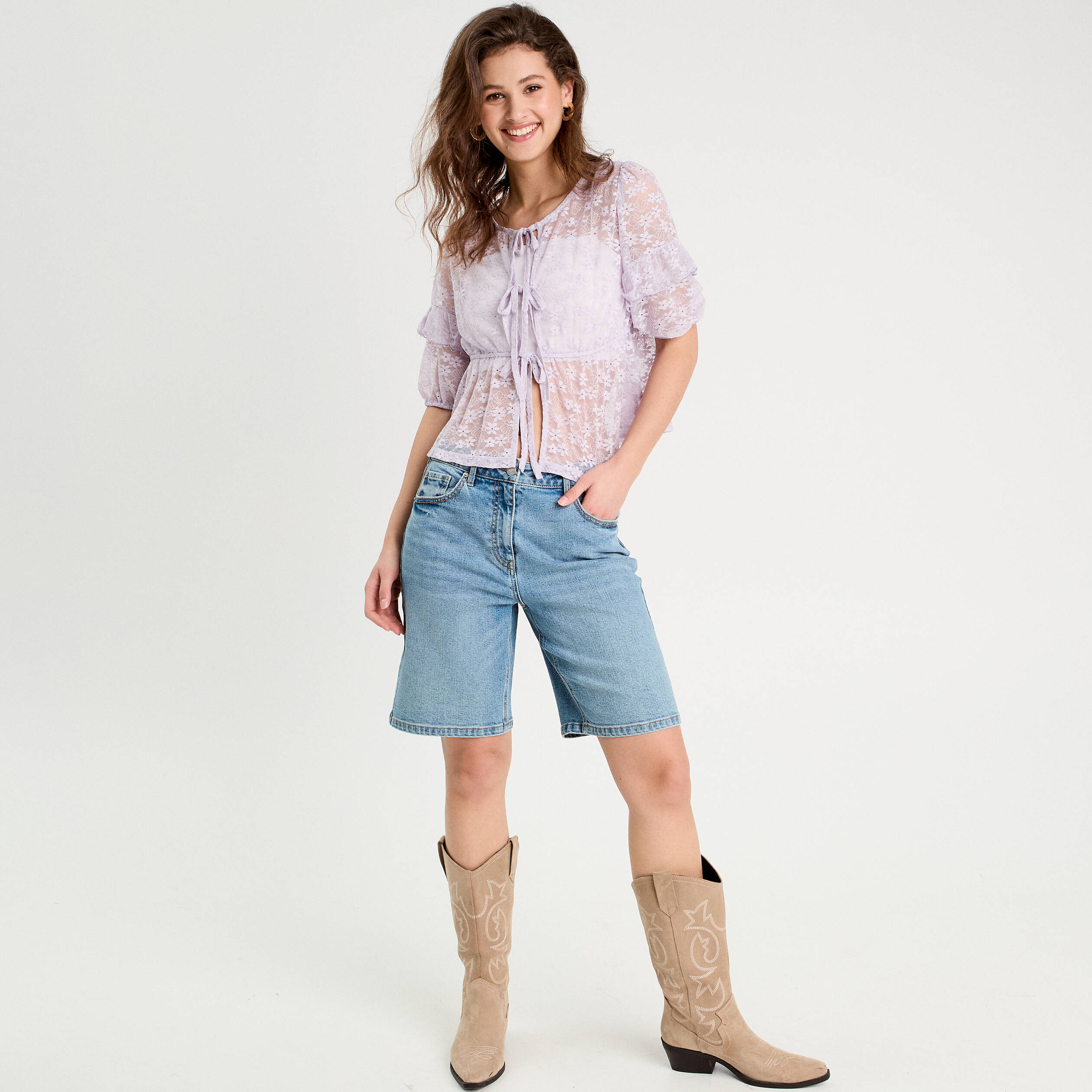 Blouse dentelle nouée parme femme