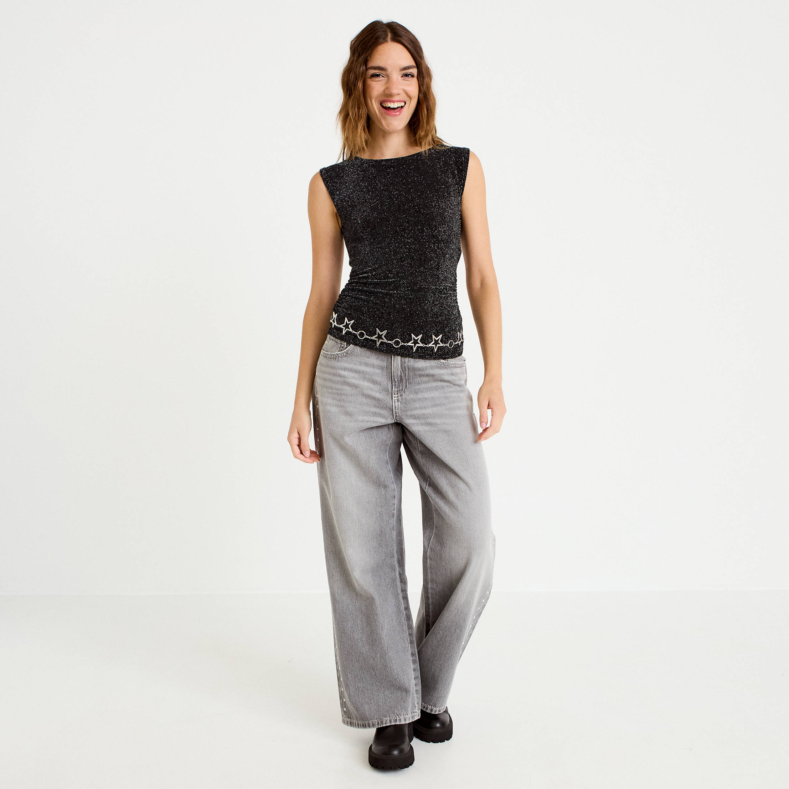 Jean wide leg taille basse denim gris clair femme
