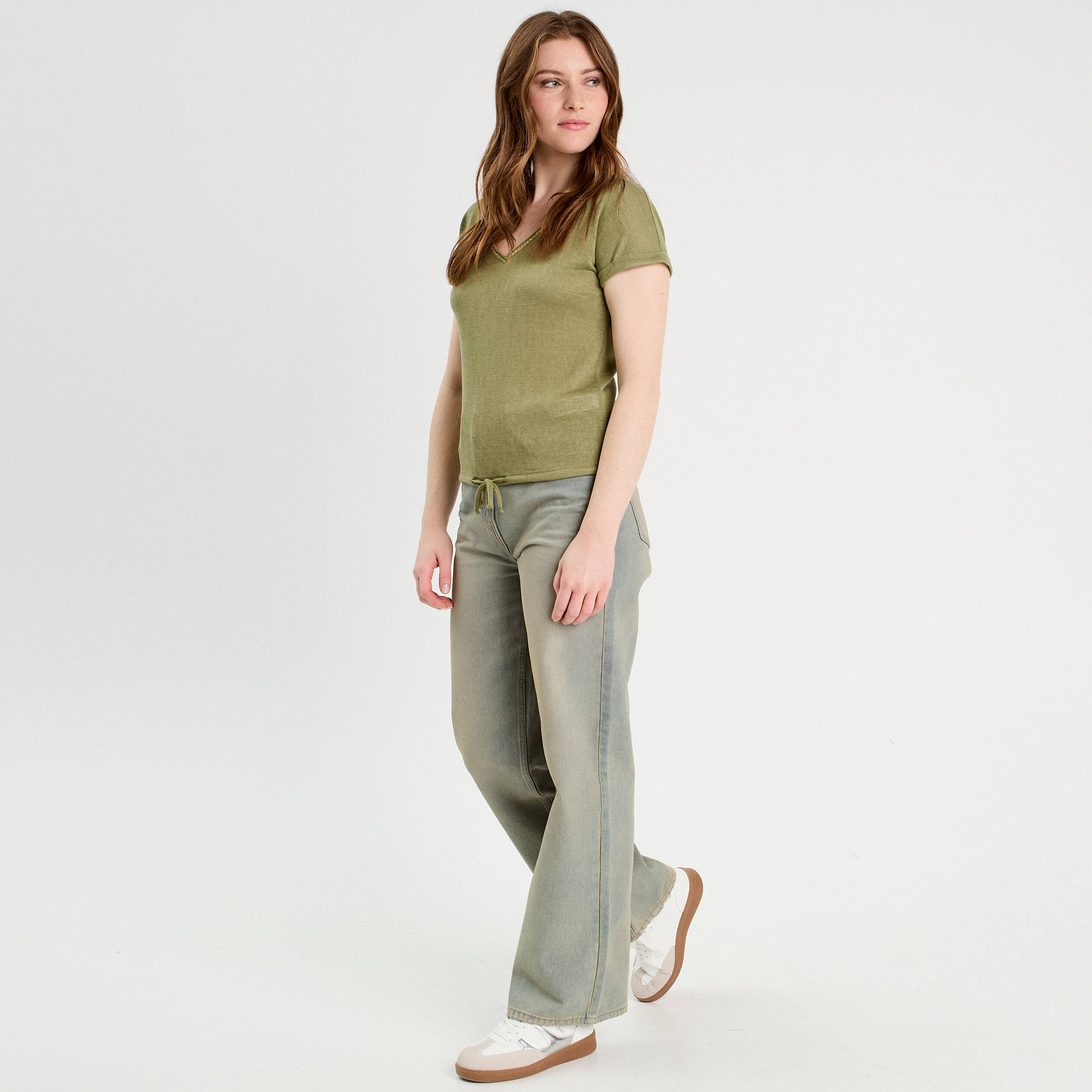 t shirt detail noeud vert kaki femme T-shirt détail noeud vert kaki femme