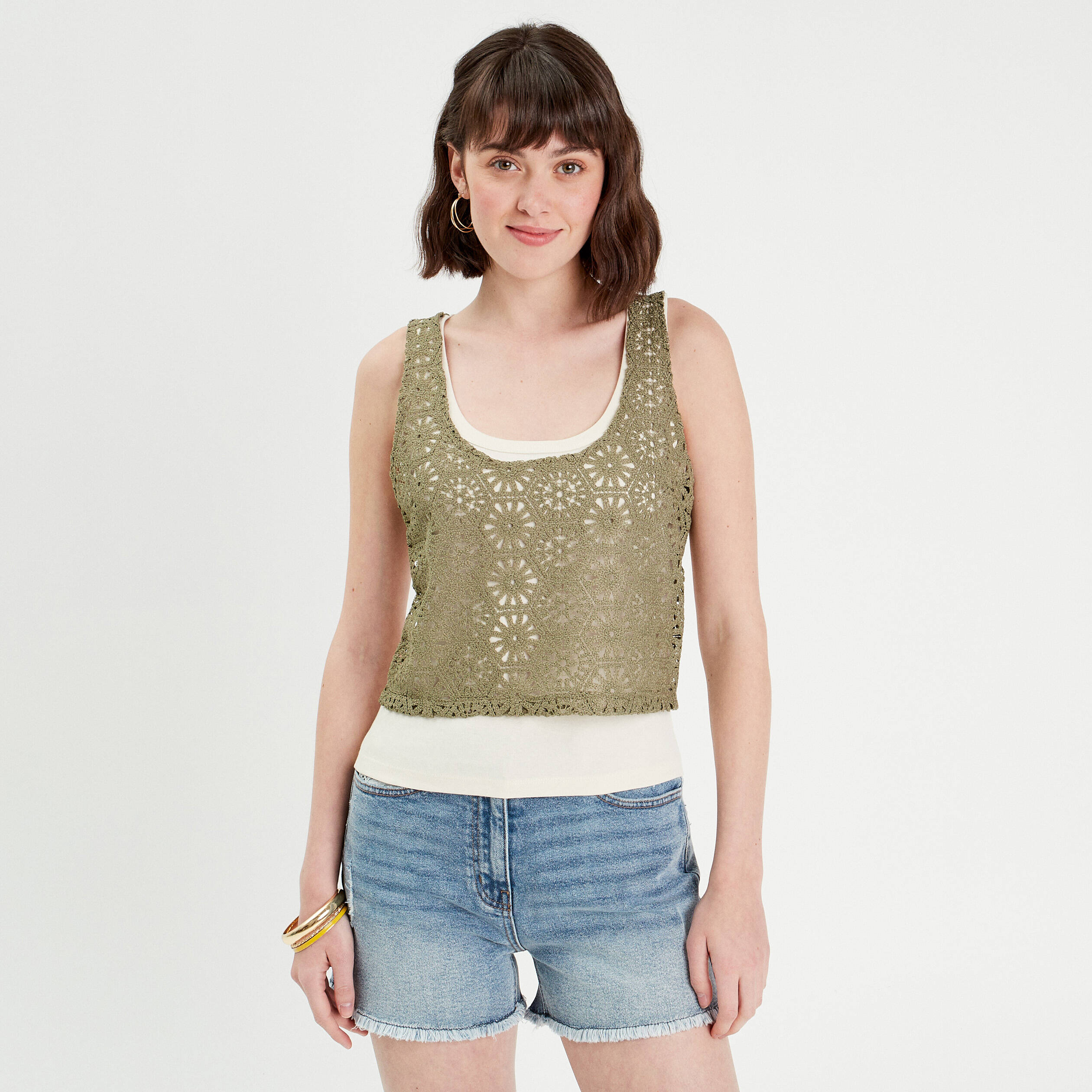 debardeur 2 en 1 crochet vert kaki femme Débardeur 2-en-1 crochet vert kaki femme
