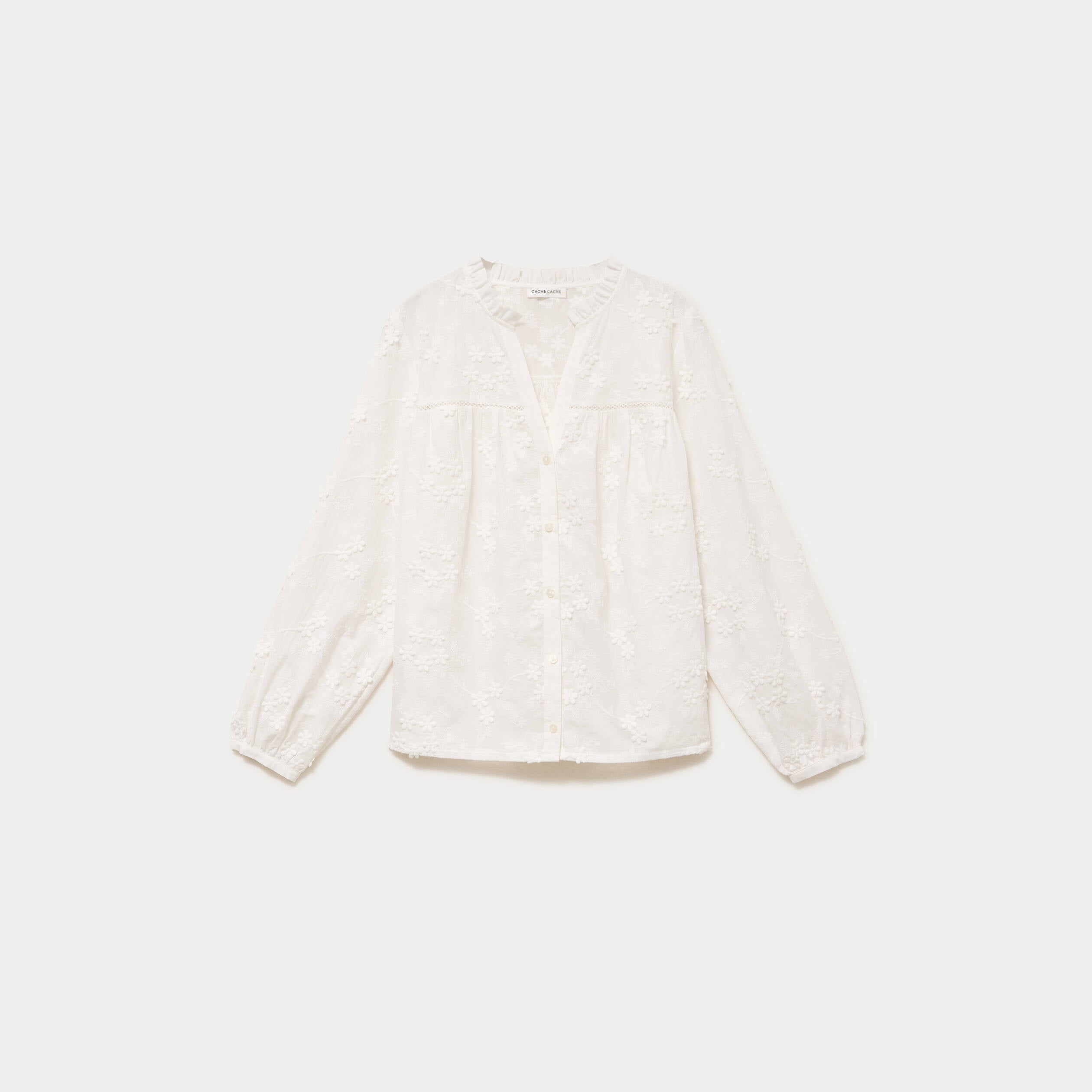 Blouse droite col rond manches longues ecru femme