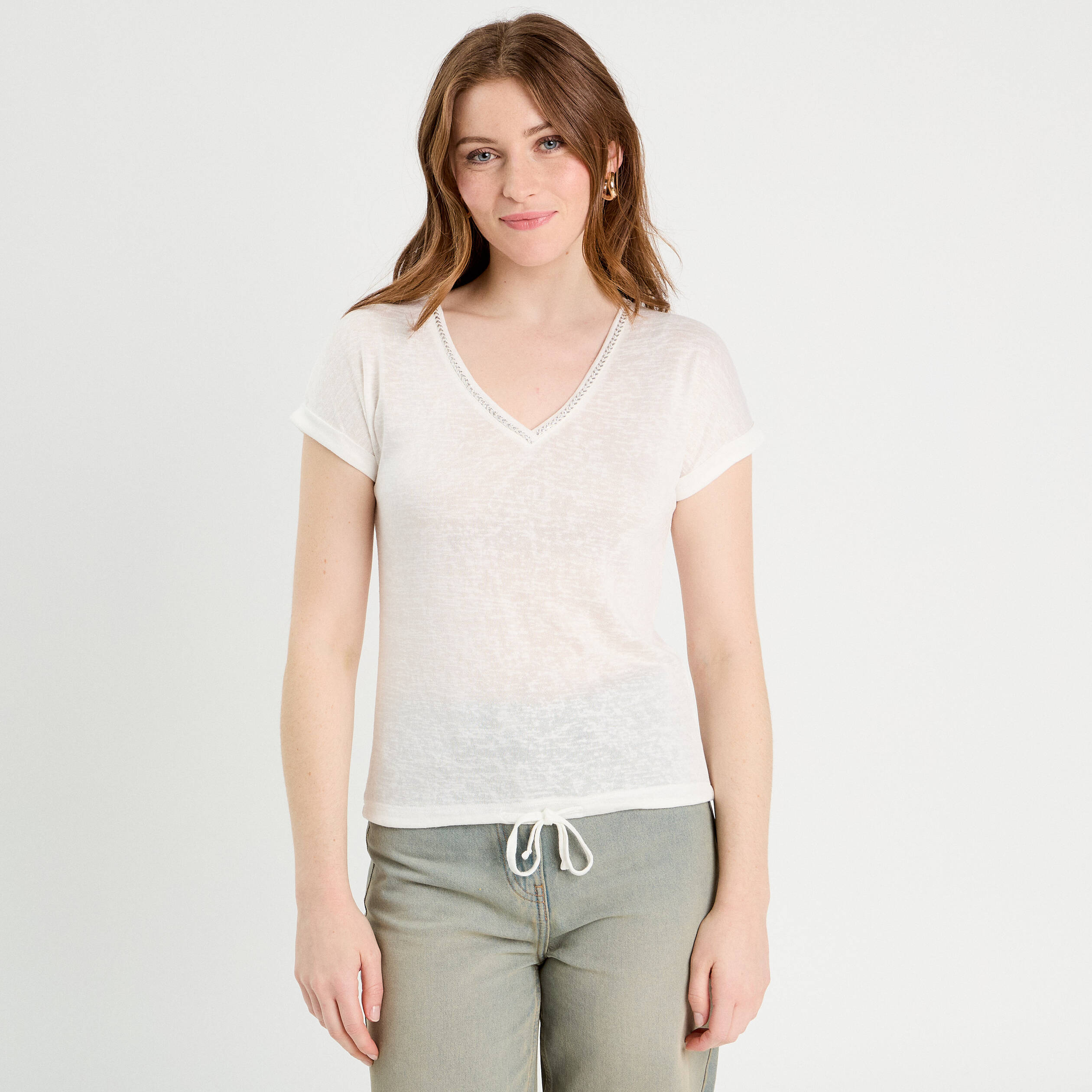 t shirt detail noeud ecru femme T-shirt détail noeud ecru femme