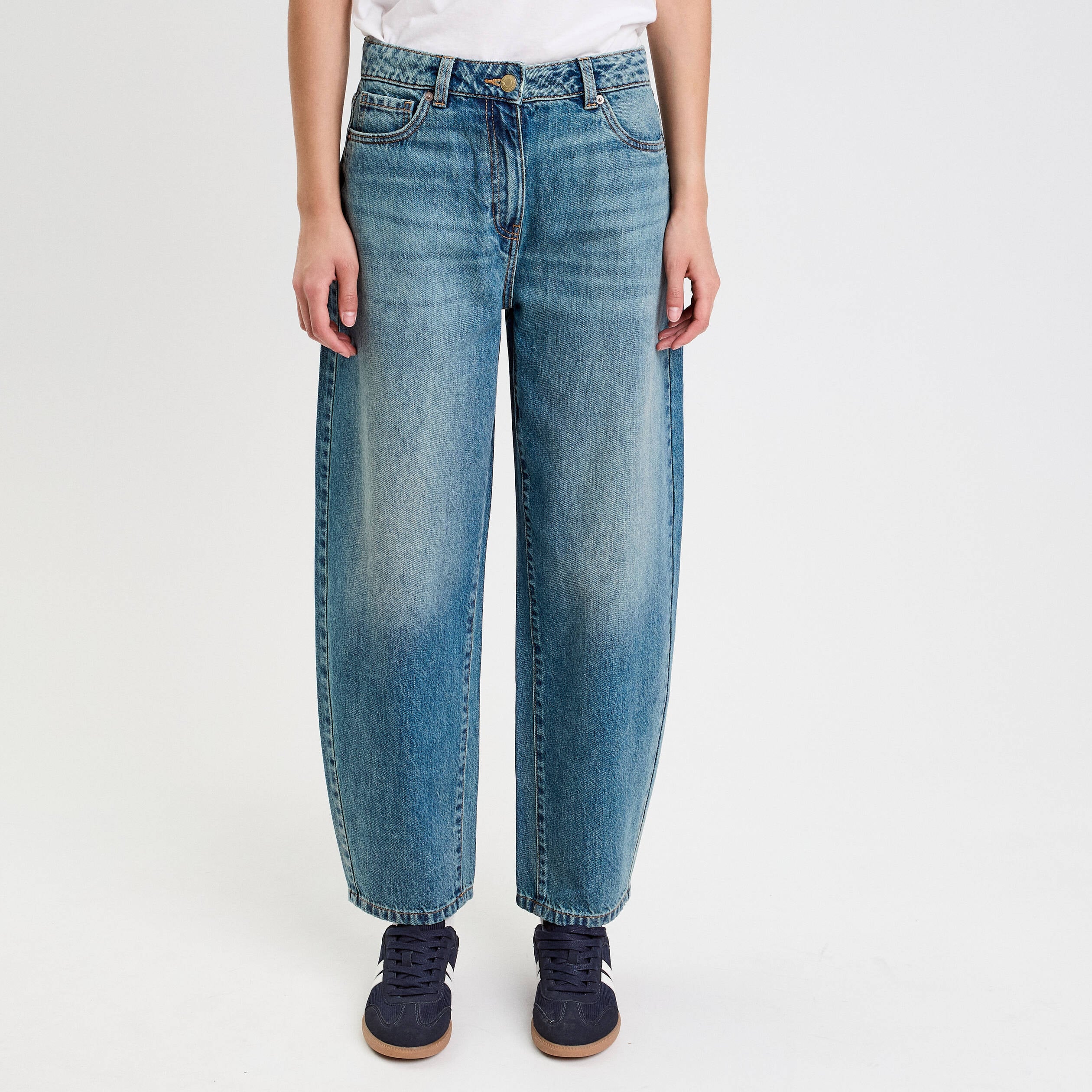 Jean barrel cropped taille standard denim double stone femme