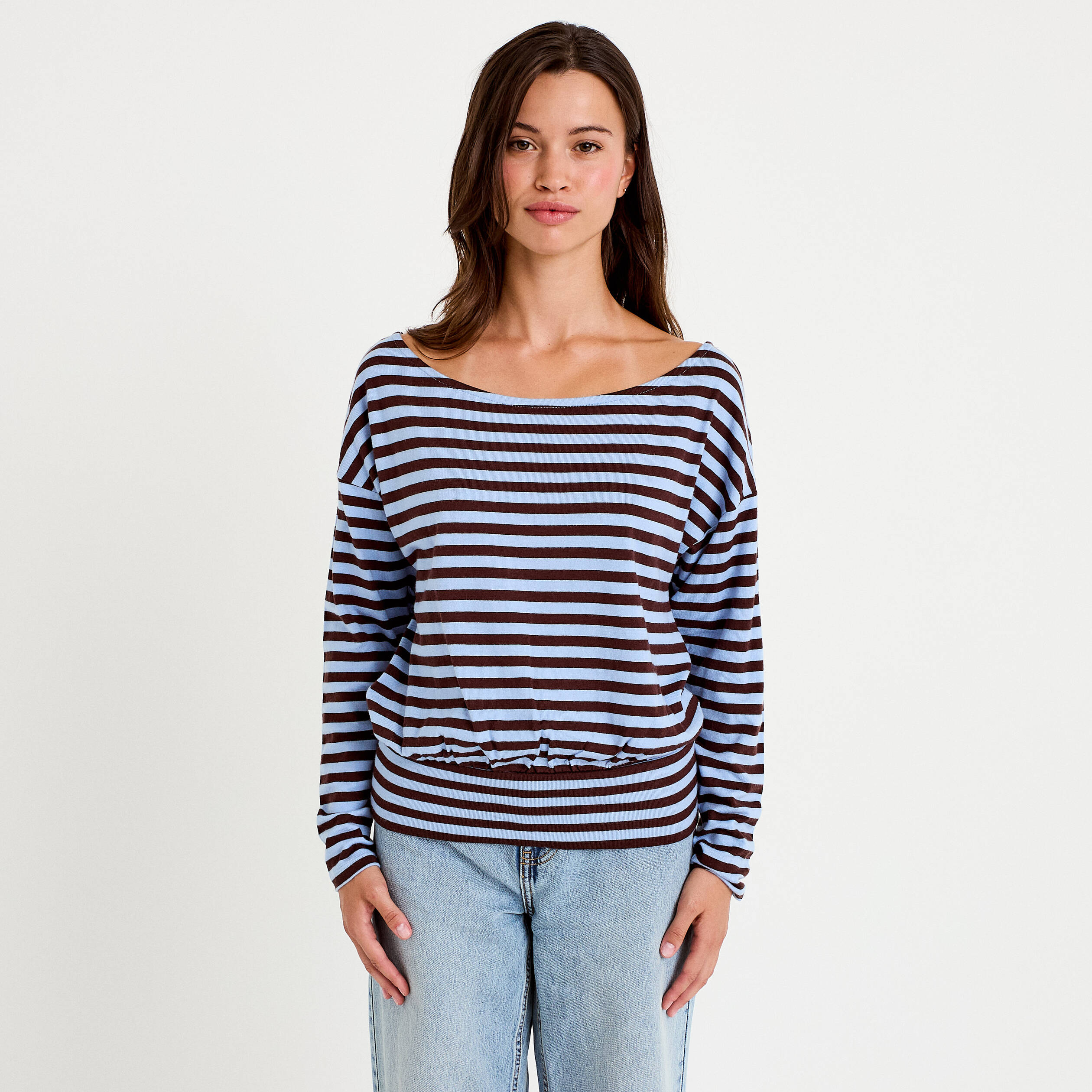 Pull col bateau manches longues bleu femme