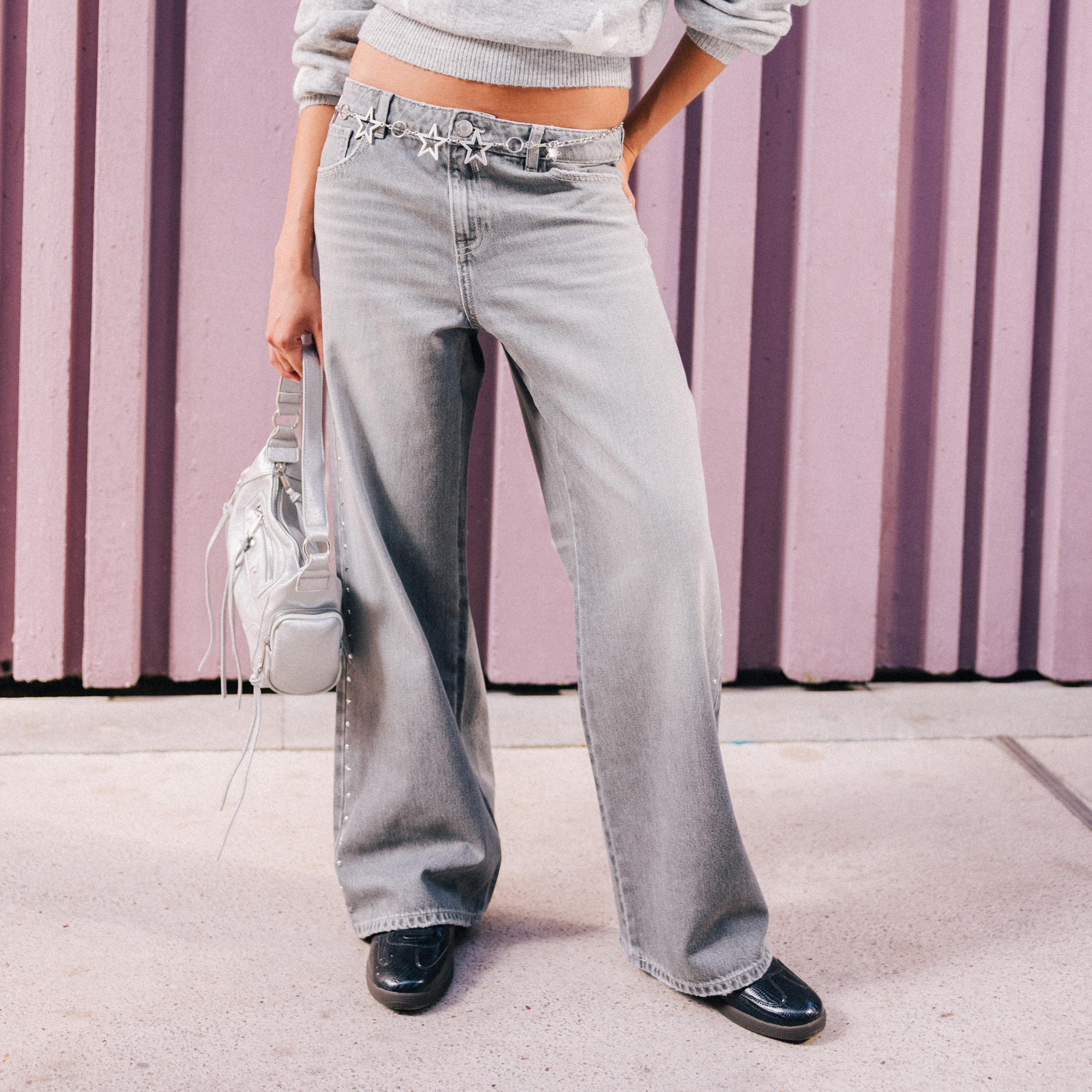 Jean wide leg taille basse denim gris clair femme