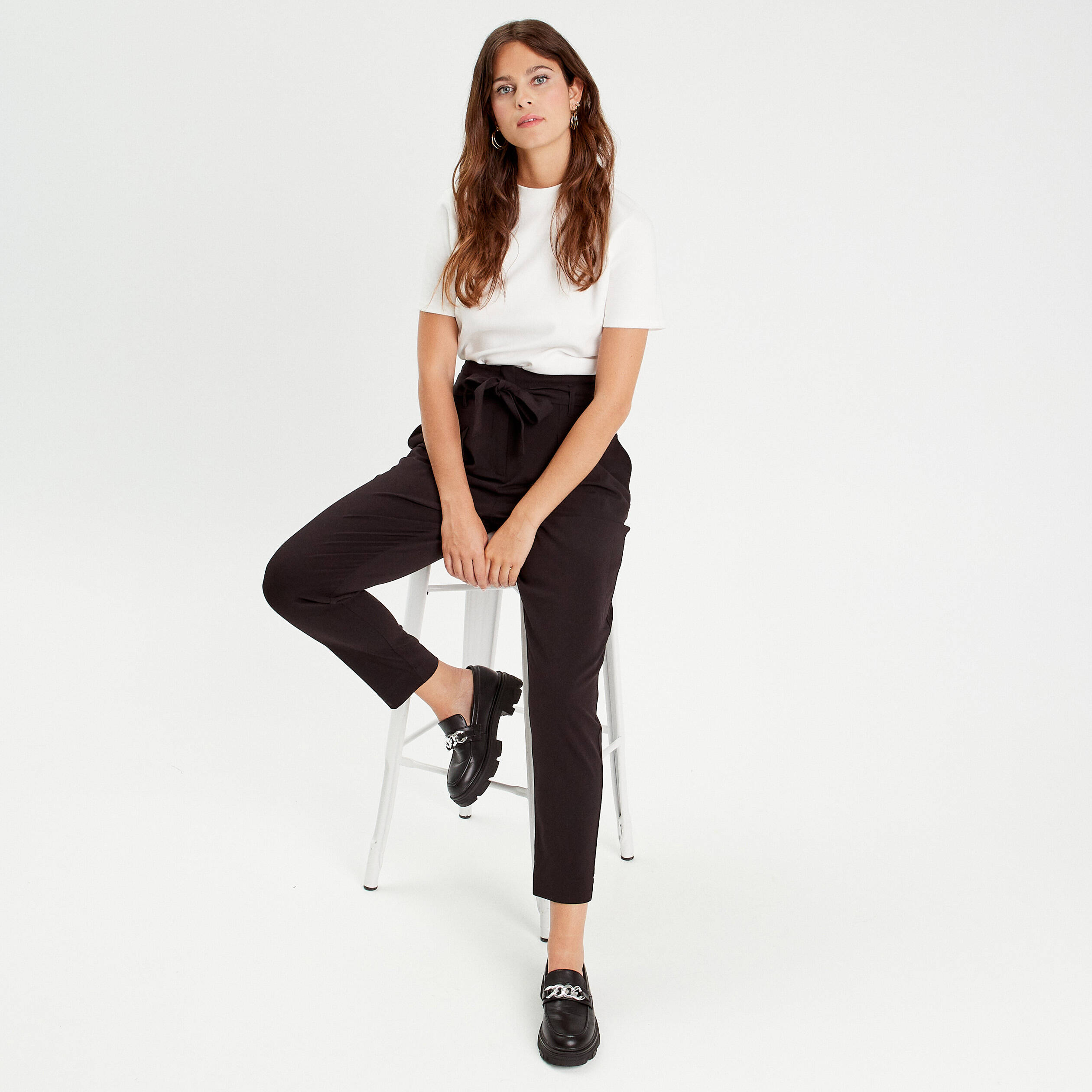 pantalon paperbag fluide noir femme Pantalon paperbag fluide noir femme