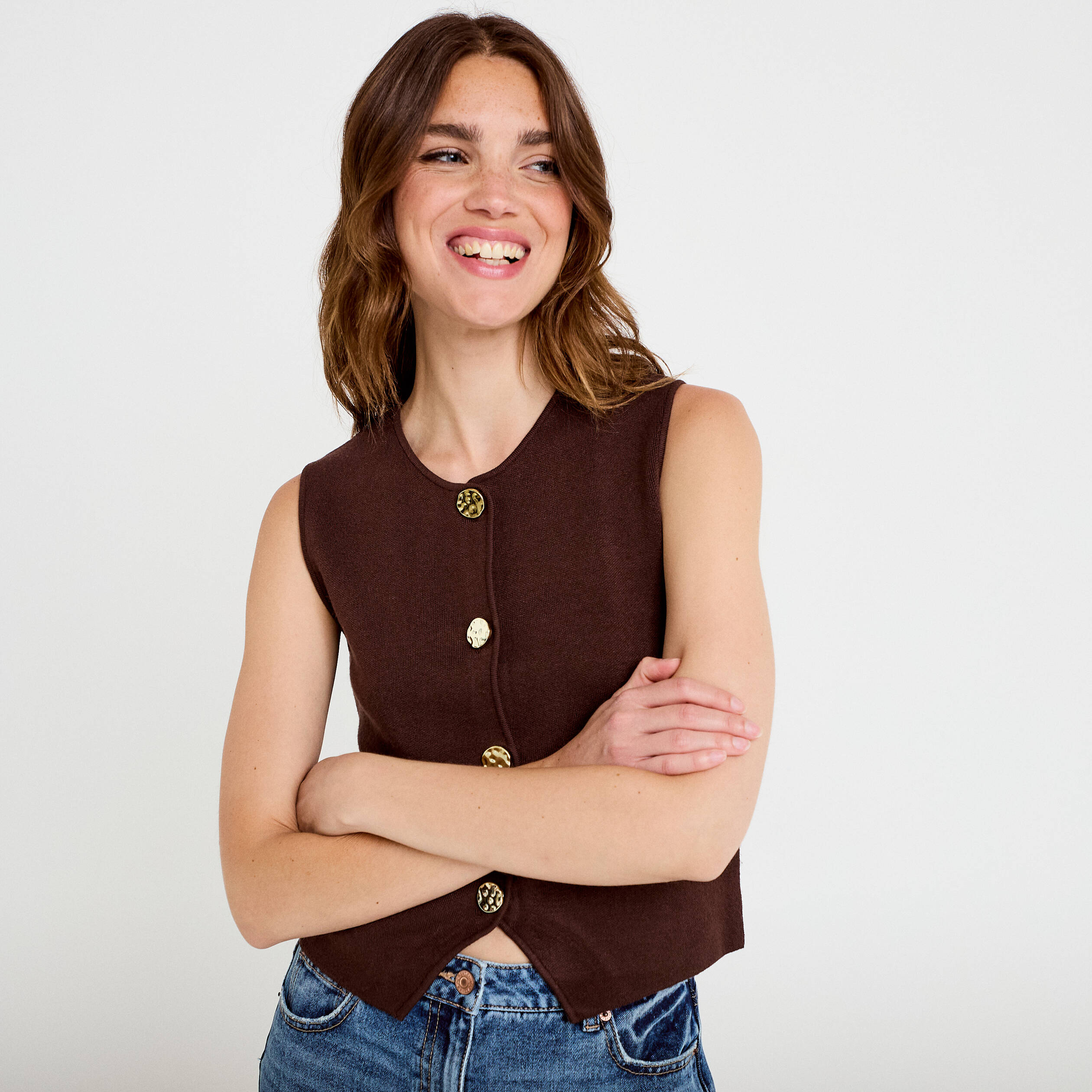 Gilet sans manches cropped marron fonc&eacute; femme