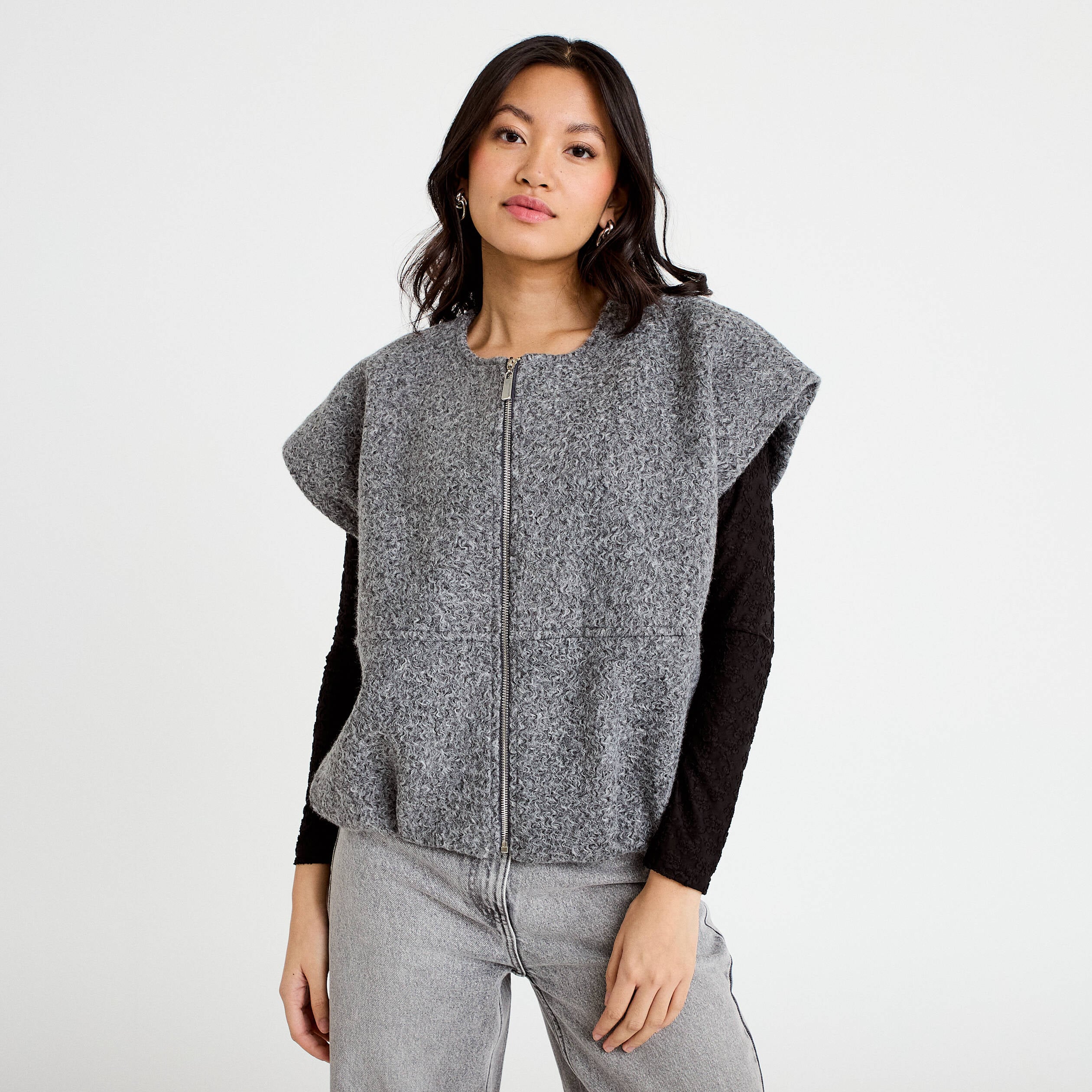 Veste oversize sans manches col rond gris clair femme