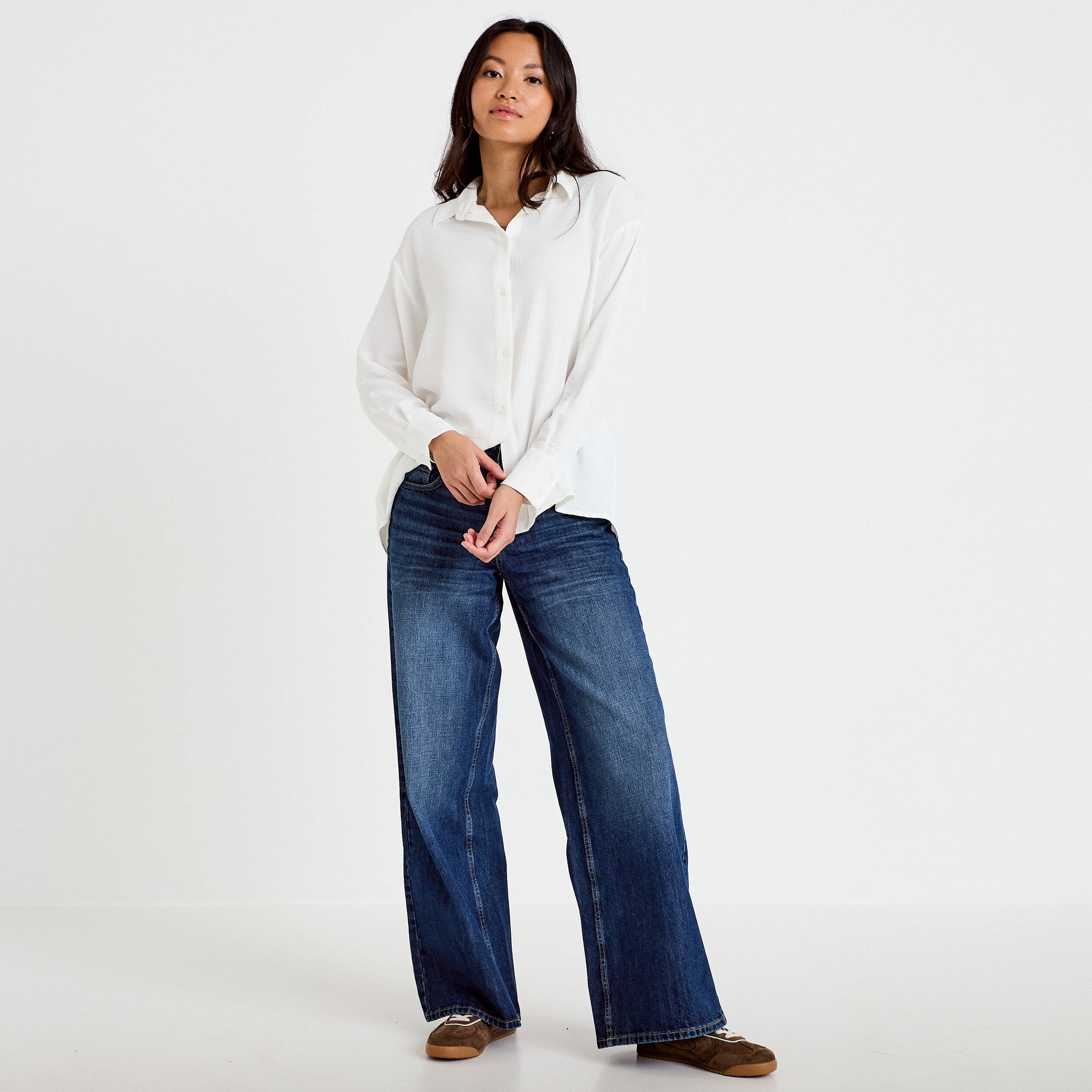 Chemise ample pliss&eacute;e manches longues ecru femme