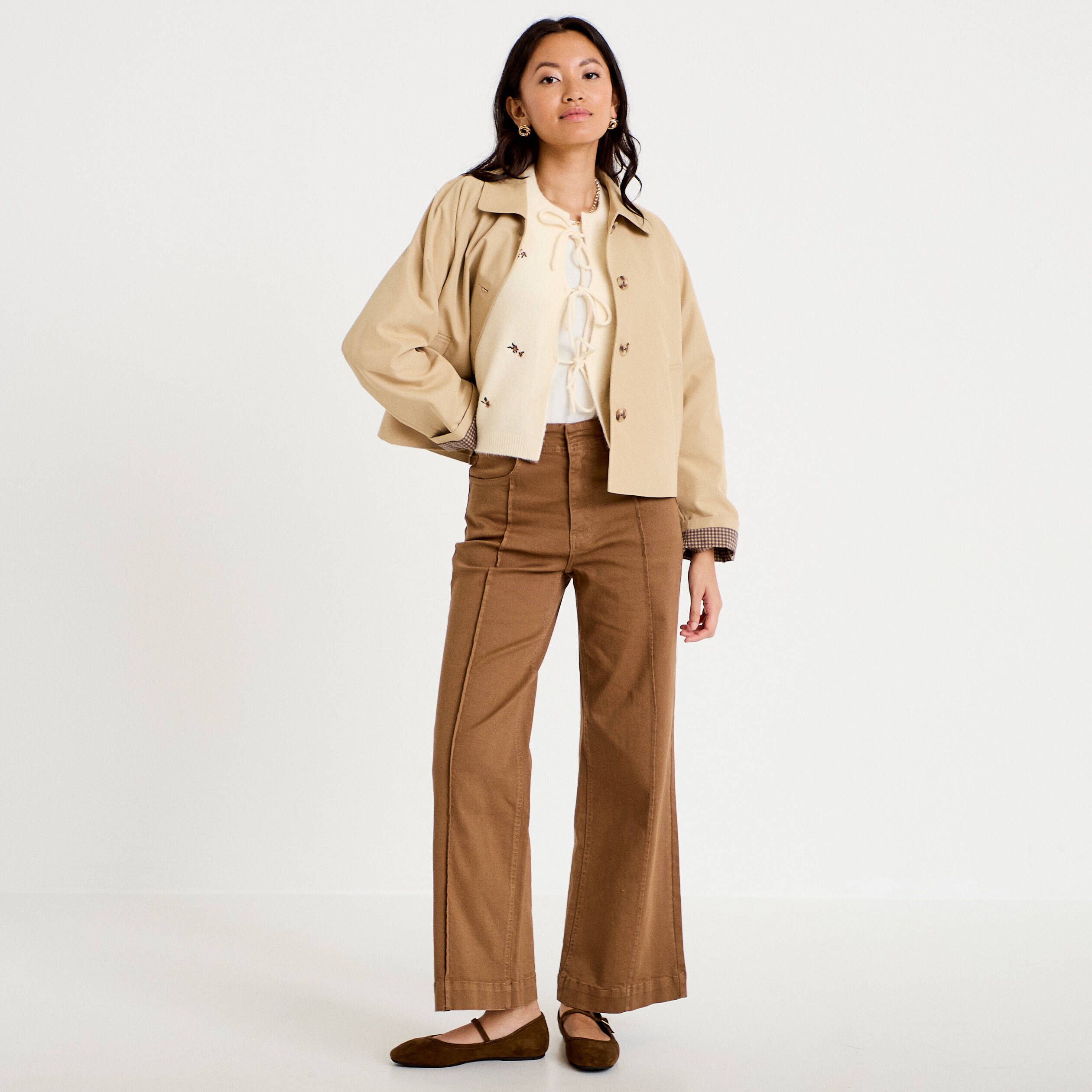 Pantalon bootcut taille basse en jean marron femme