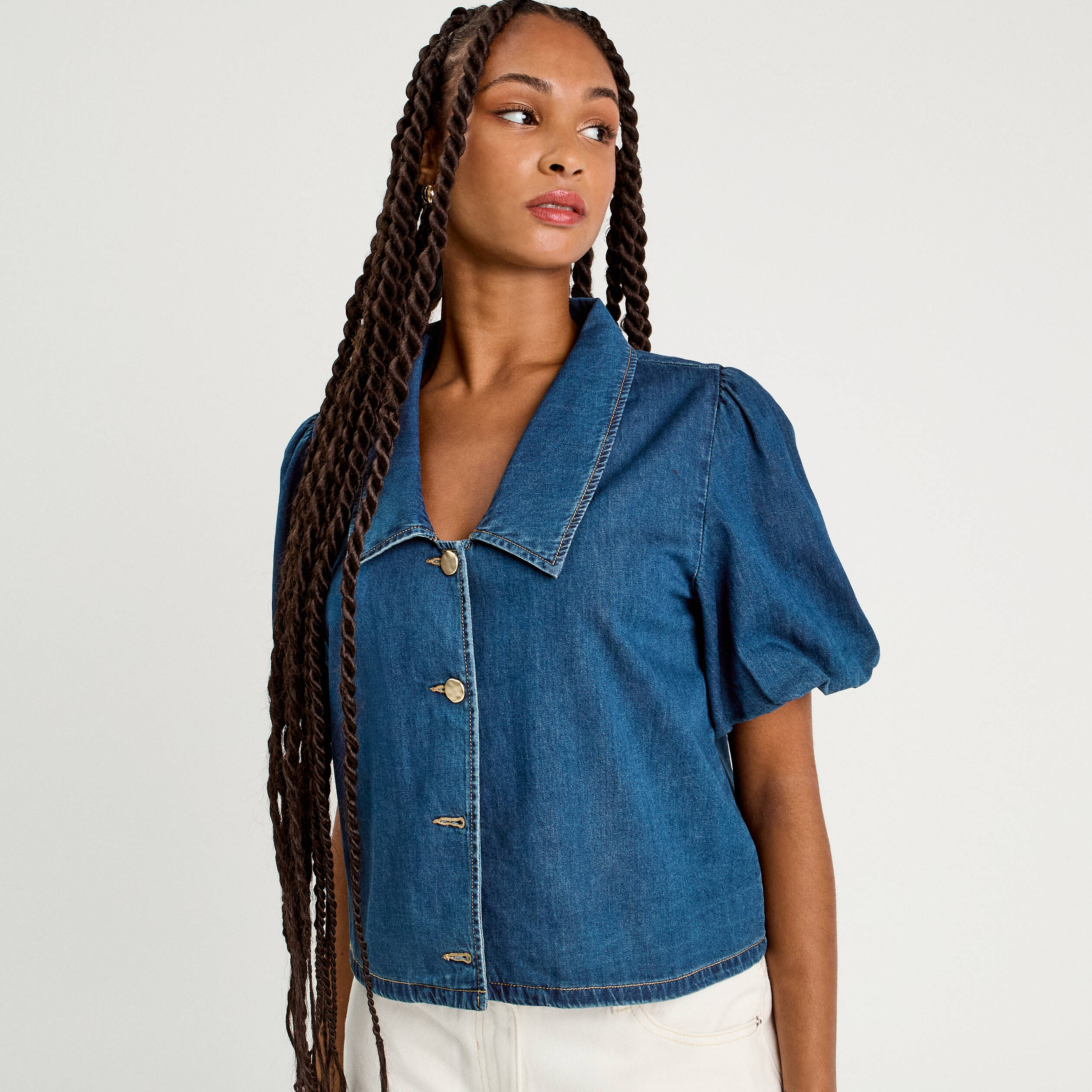 Blouse manches courtes en jean denim stone femme