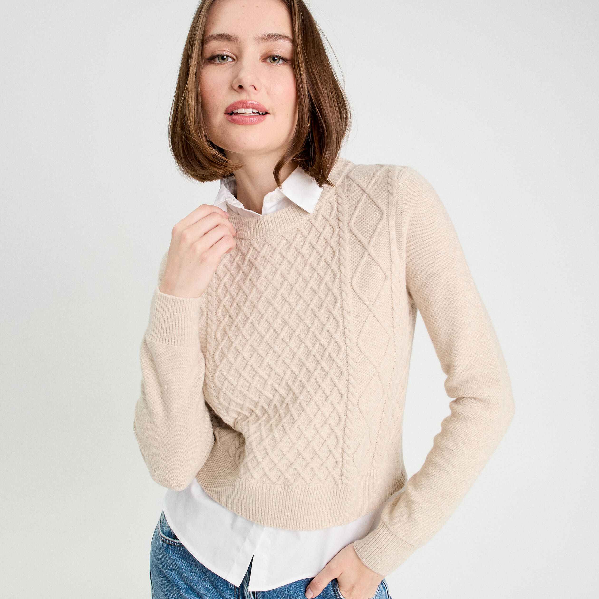 Pull chemise 2-en-1 beige femme