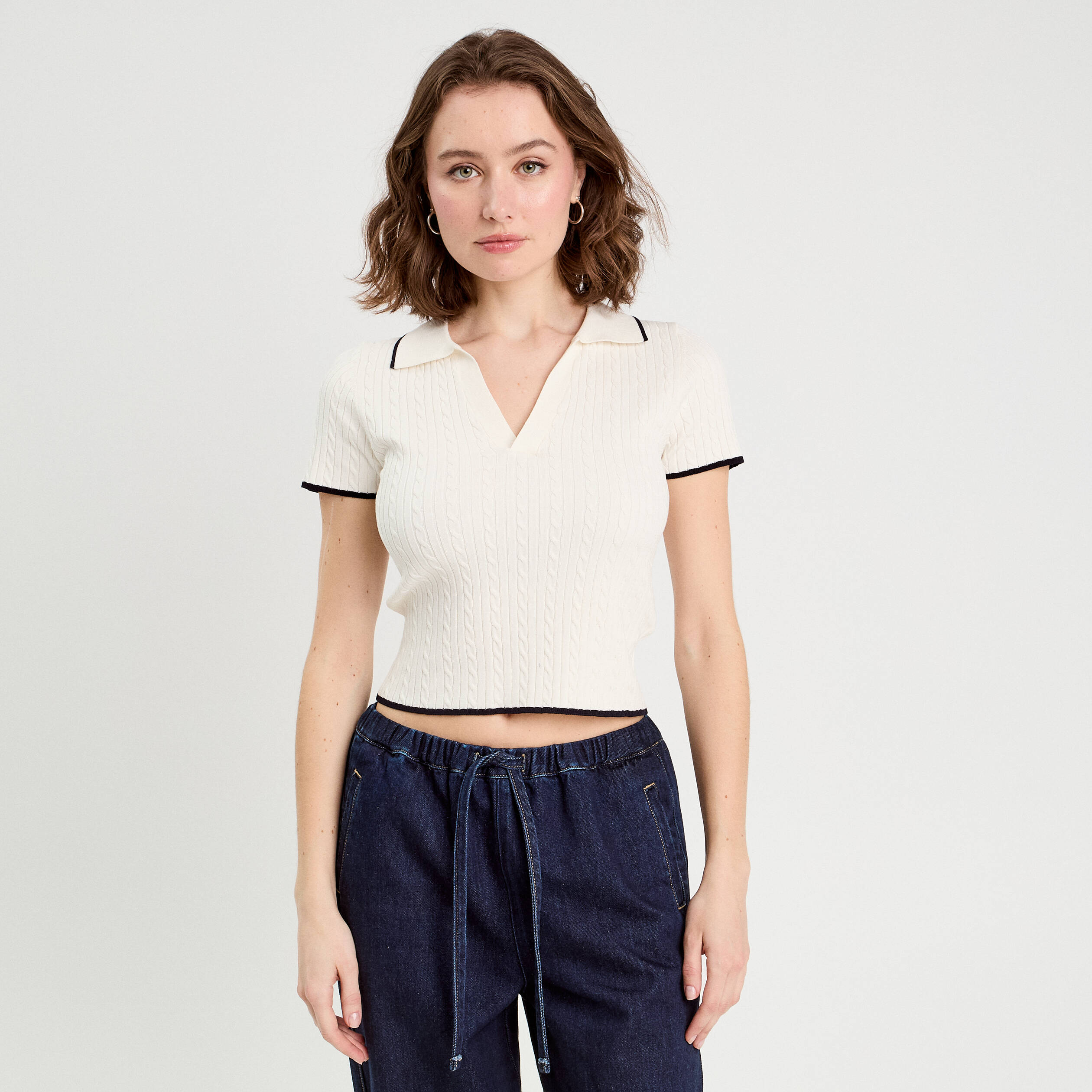 Top col polo manches courtes blanc femme