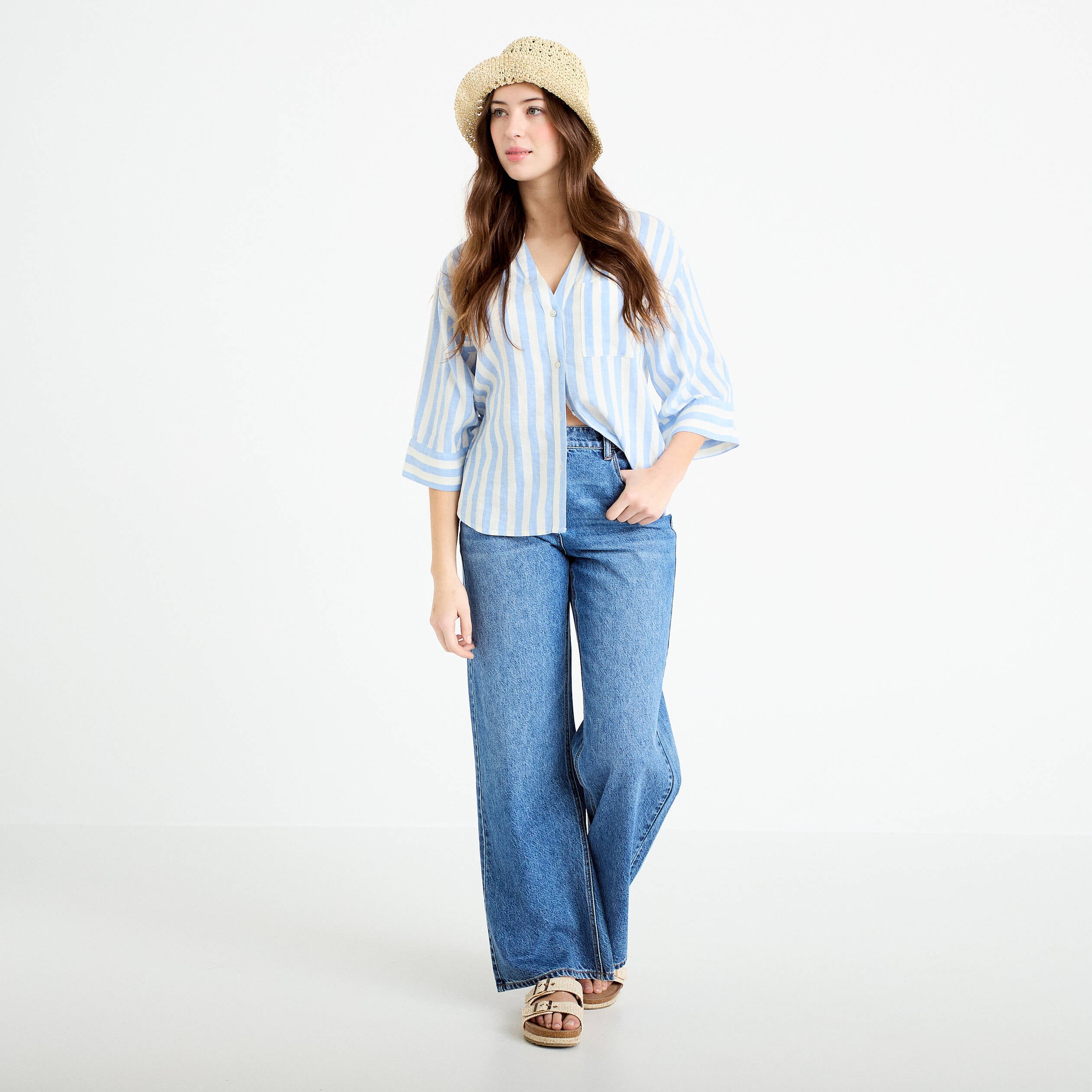 Blouse col V manches 3/4 bleu pastel femme