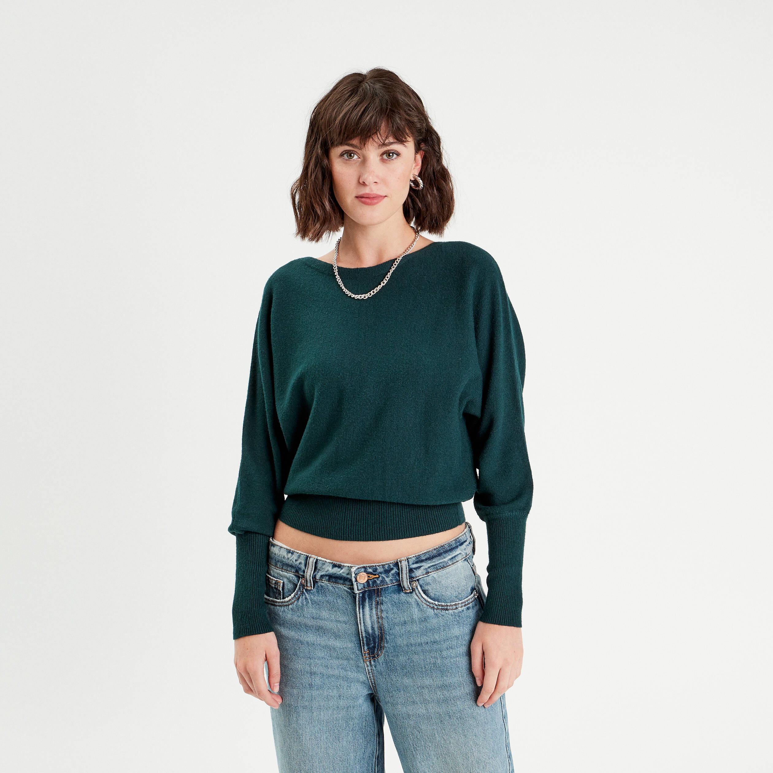 pull manches chauves souris vert fonce femme Pull manches chauves-souris vert foncé femme