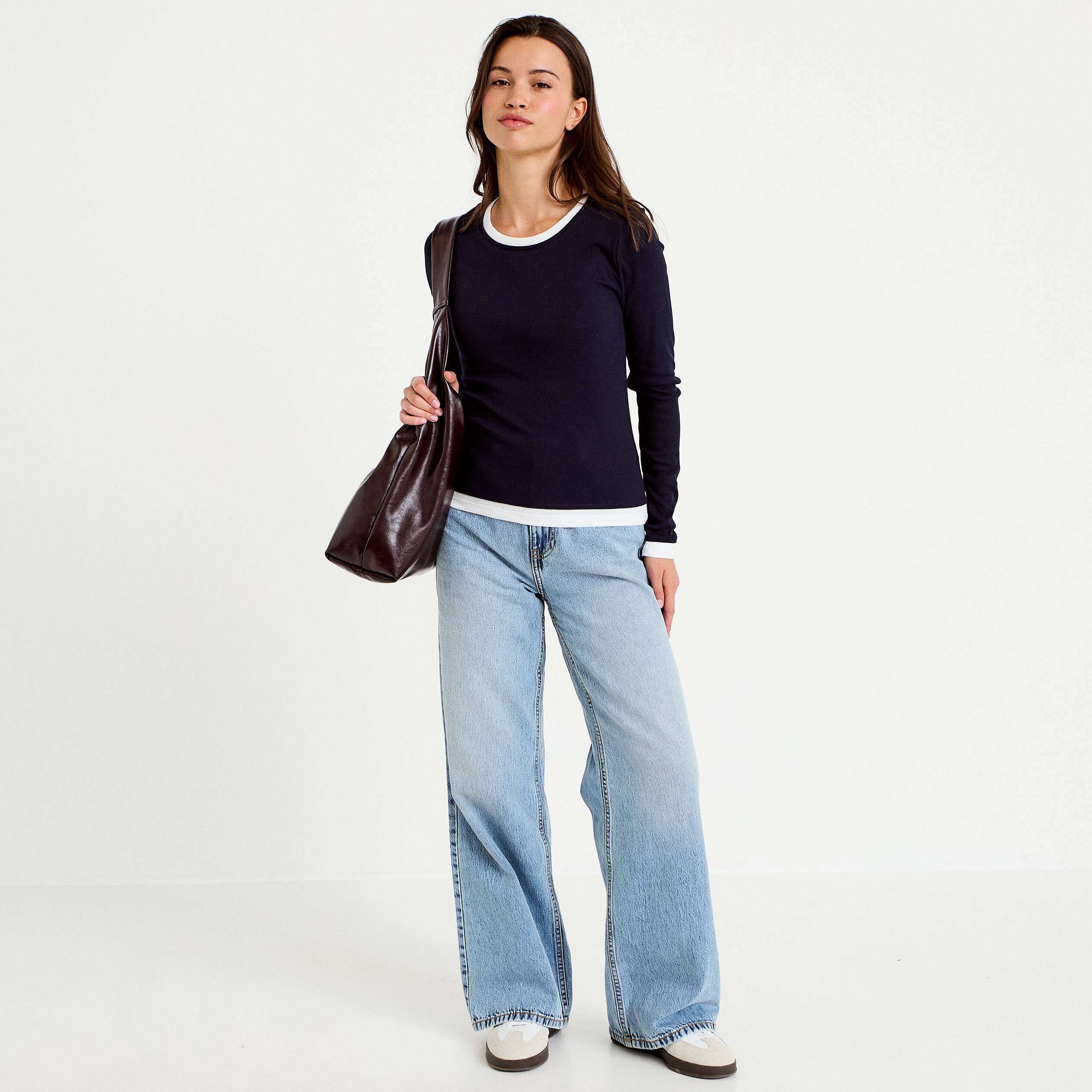 T-shirt 2-en-1 col rond manches longues bleu marine femme