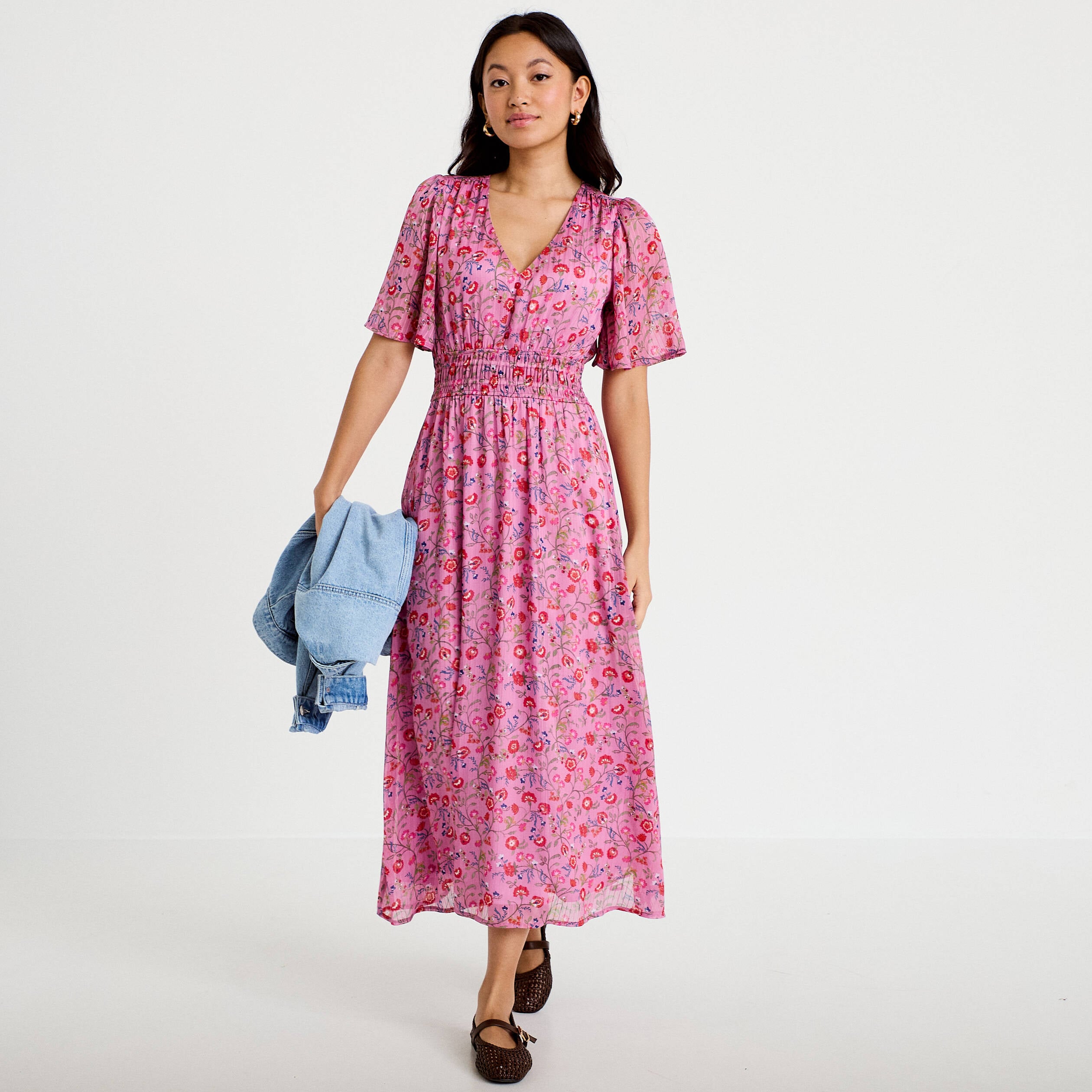 Robe longue &eacute;vas&eacute;e voile manches courtes rose femme