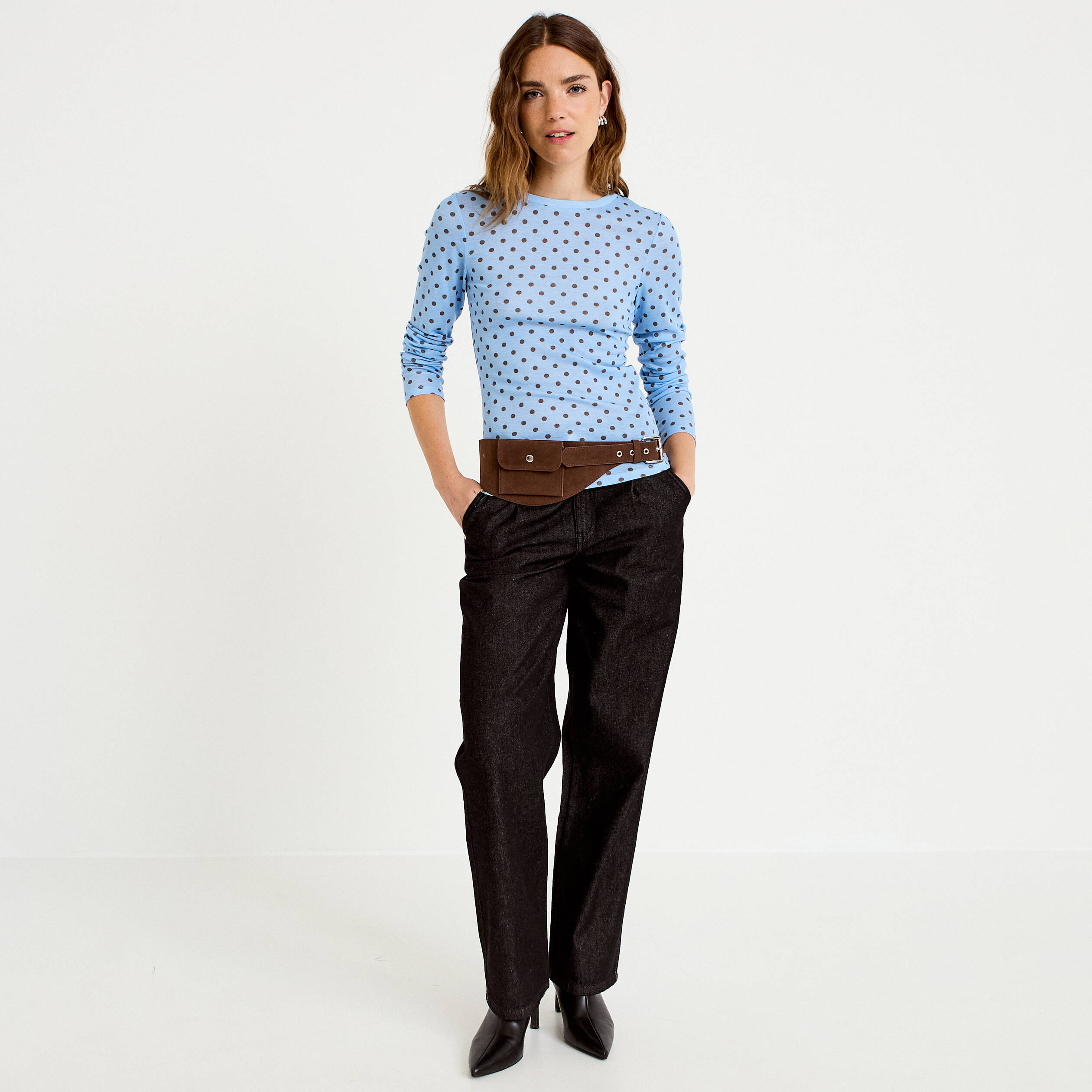 T-shirt ajust&eacute; col rond manches longues bleu ciel femme