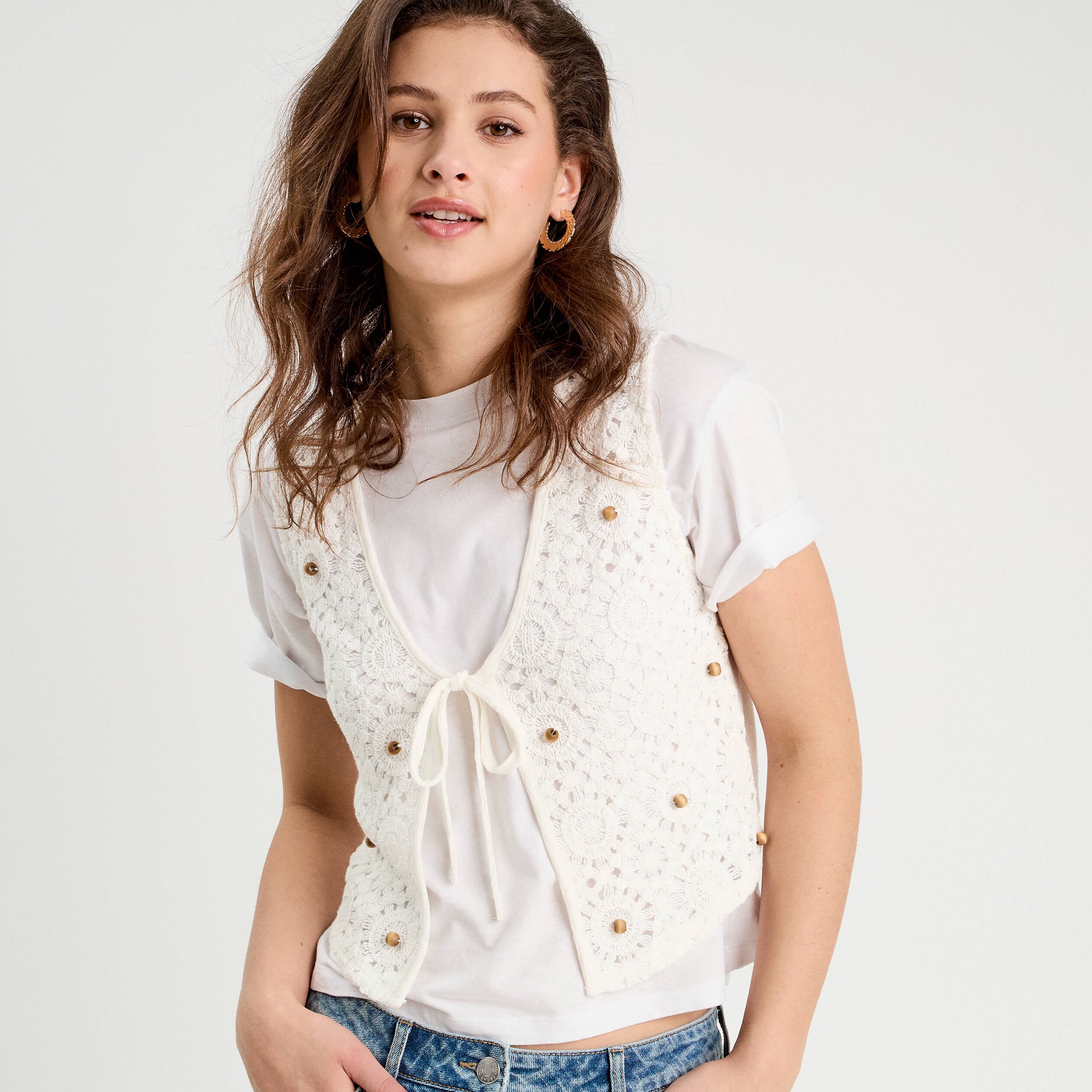 Gilet nou&eacute; effet crochet ecru femme