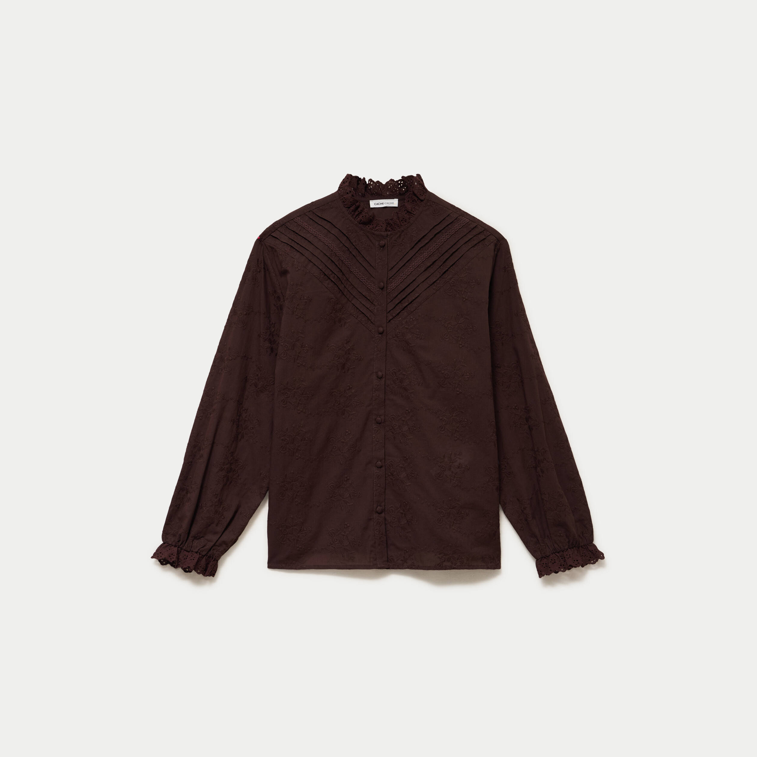 Blouse ample col montant manches longues marron fonc&eacute; femme