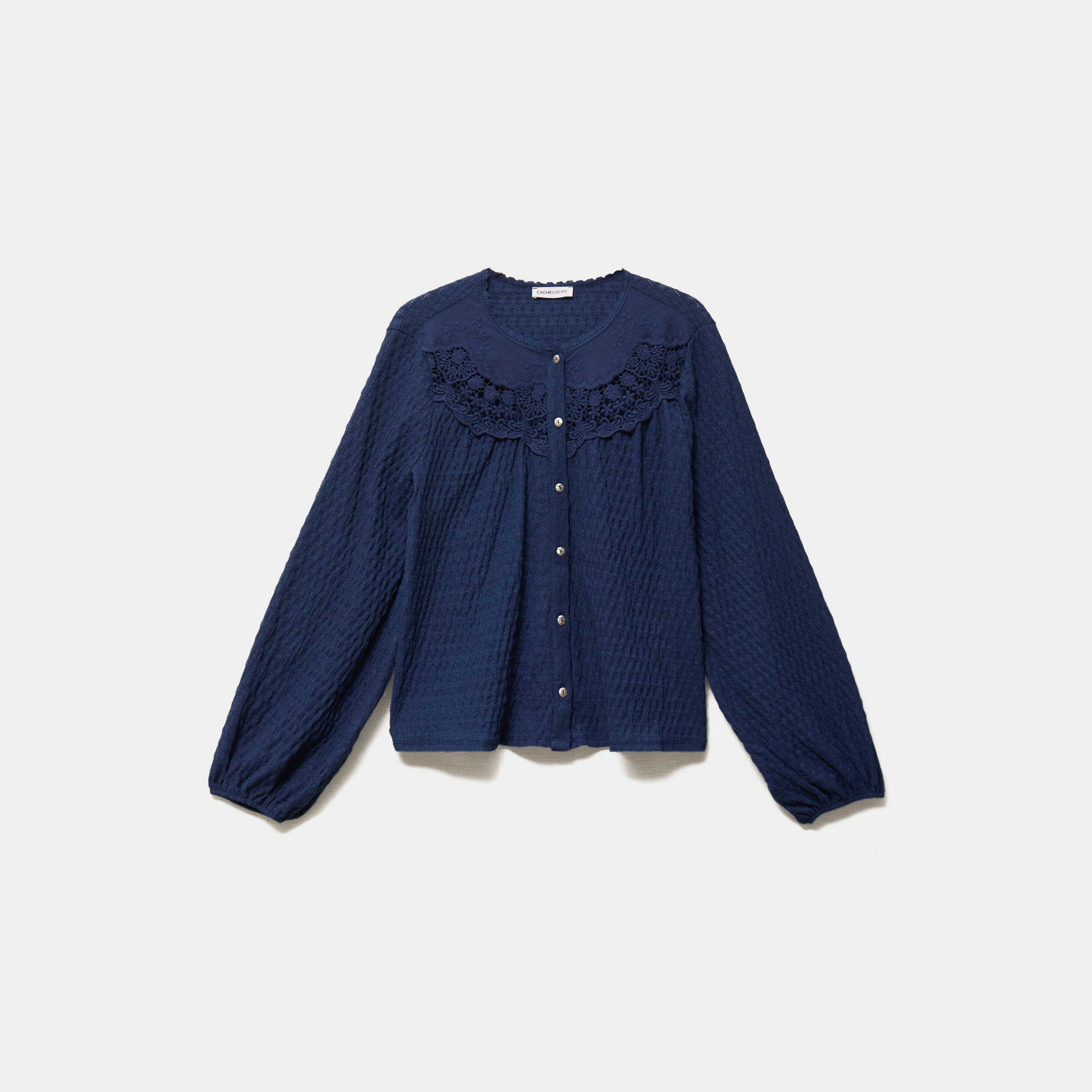 Blouse col rond manches longues bleu fonc&eacute; femme