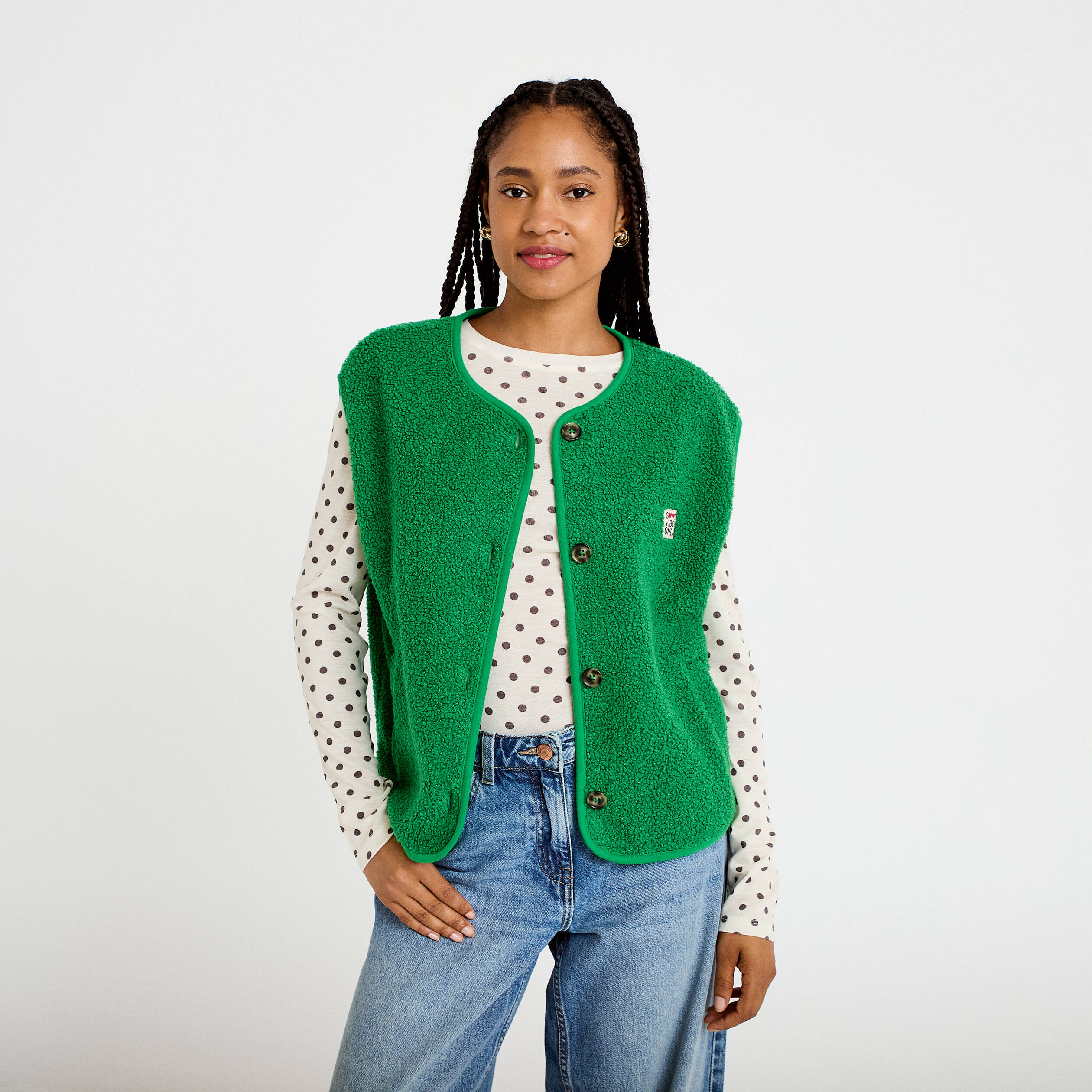 Veste sans manches fausse fourrure vert fonc&eacute; femme