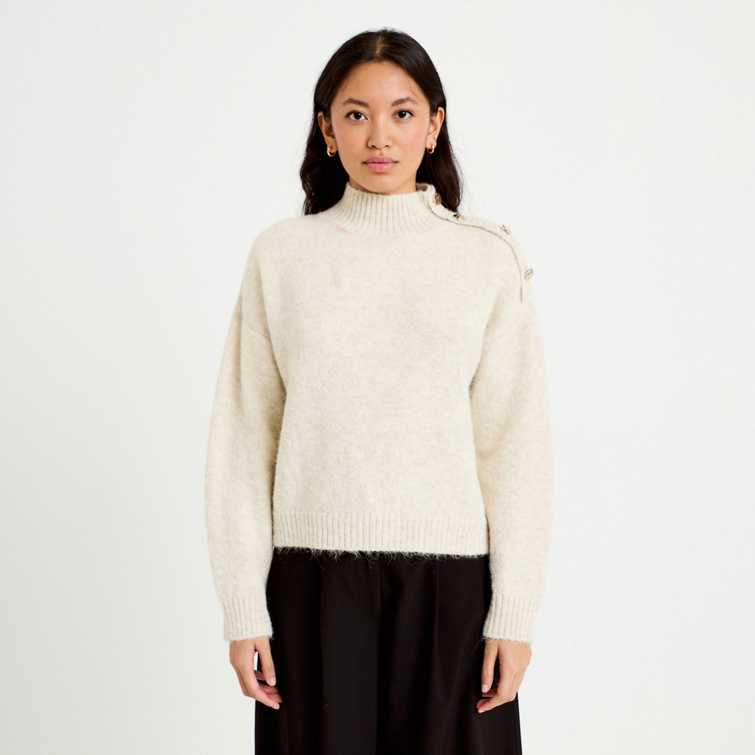 Pull col montant manches longues ivoire femme