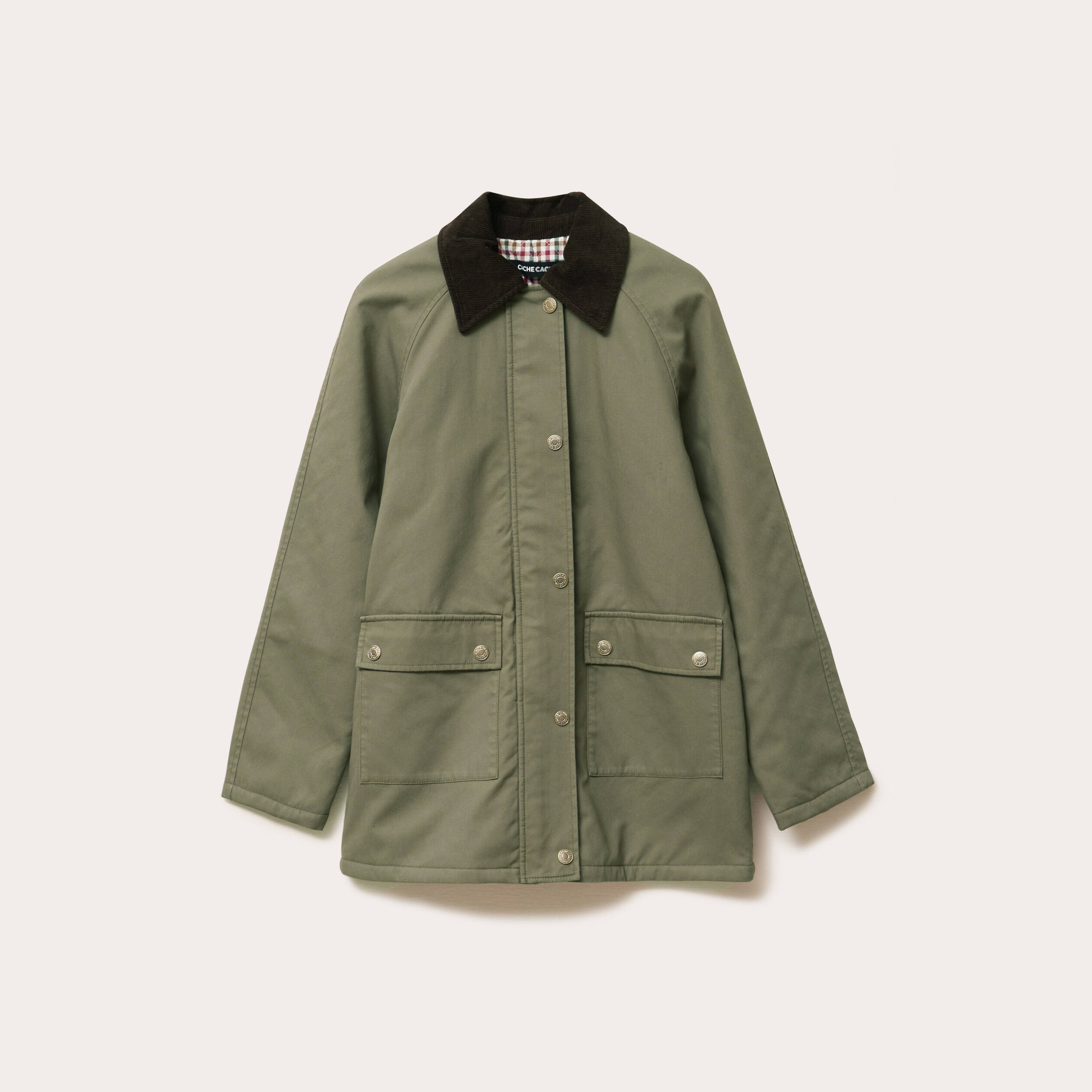 Veste droite mi-longue en coton vert kaki femme
