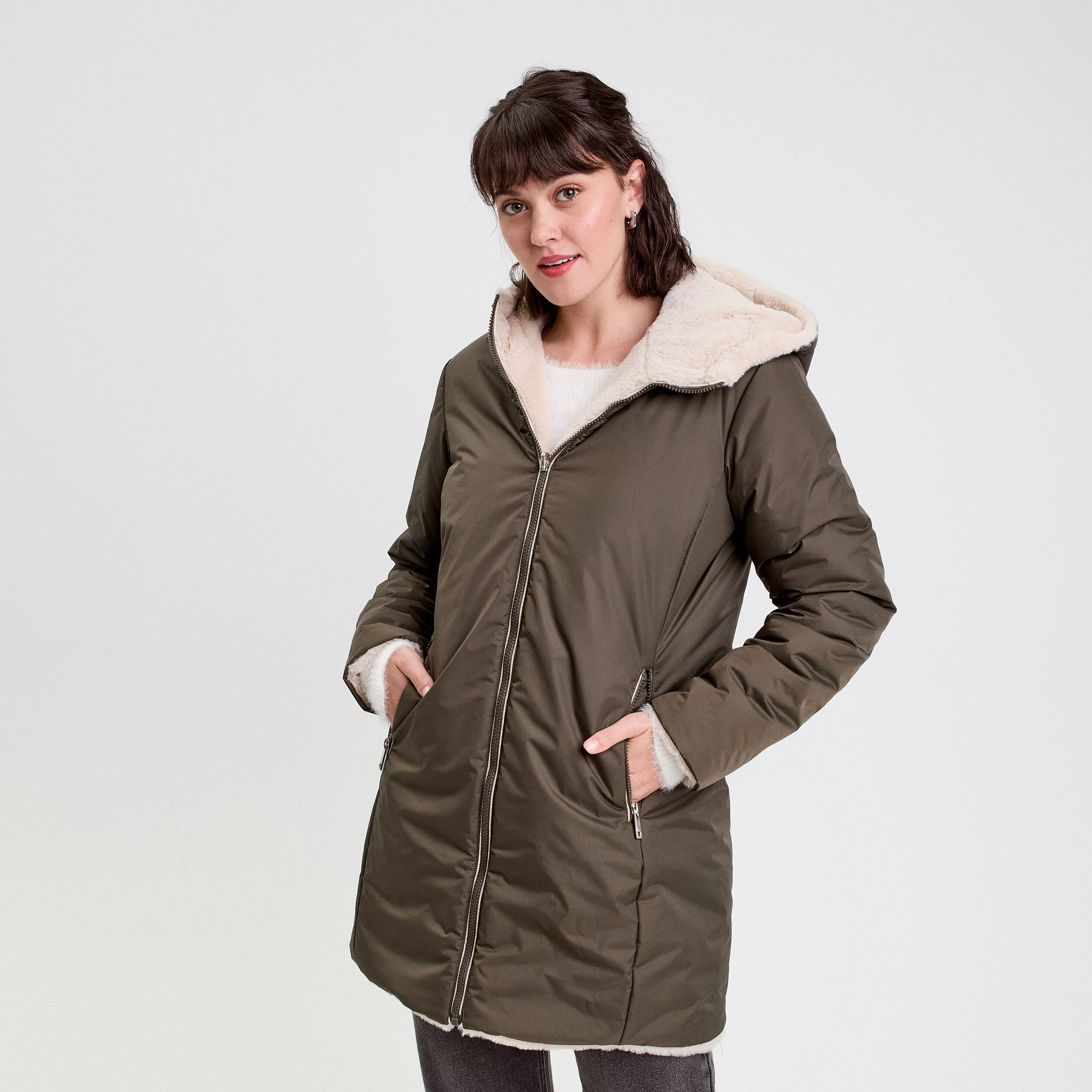 Parka r?�versible ?� capuche vert kaki femme | Vibs