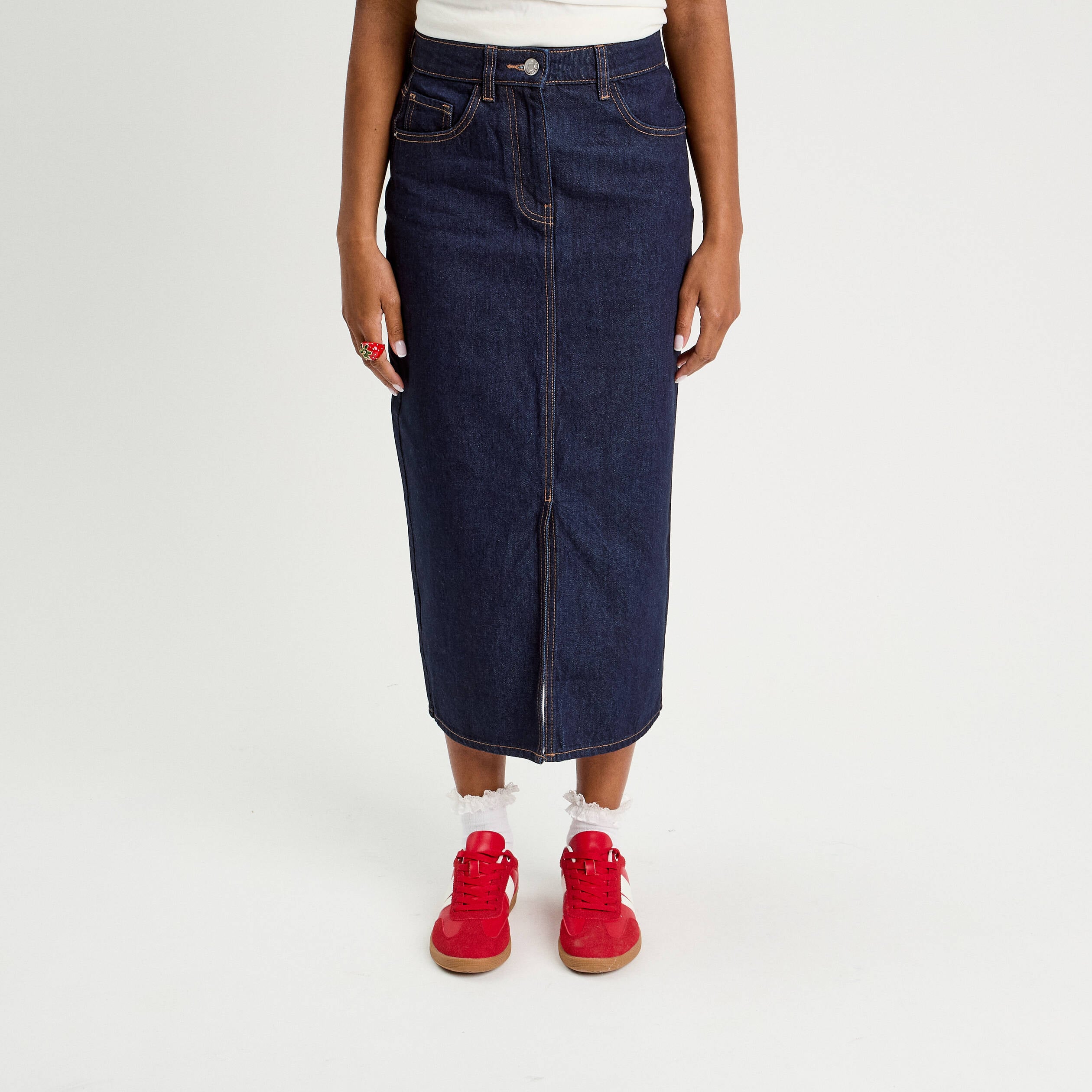 Jupe midi droite en jean denim brut femme