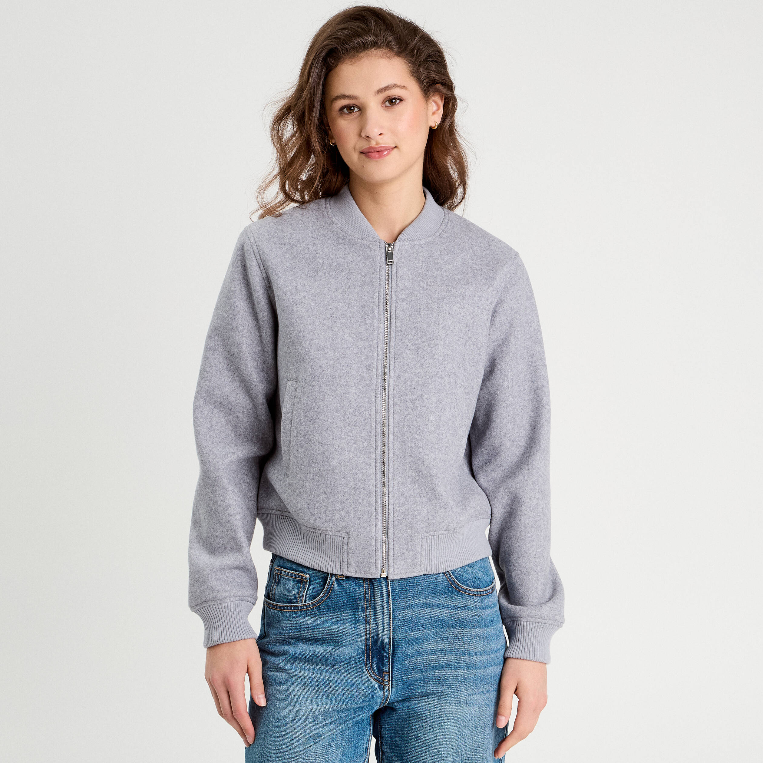 veste teddy zippee gris clair femme Veste teddy zippée gris clair femme