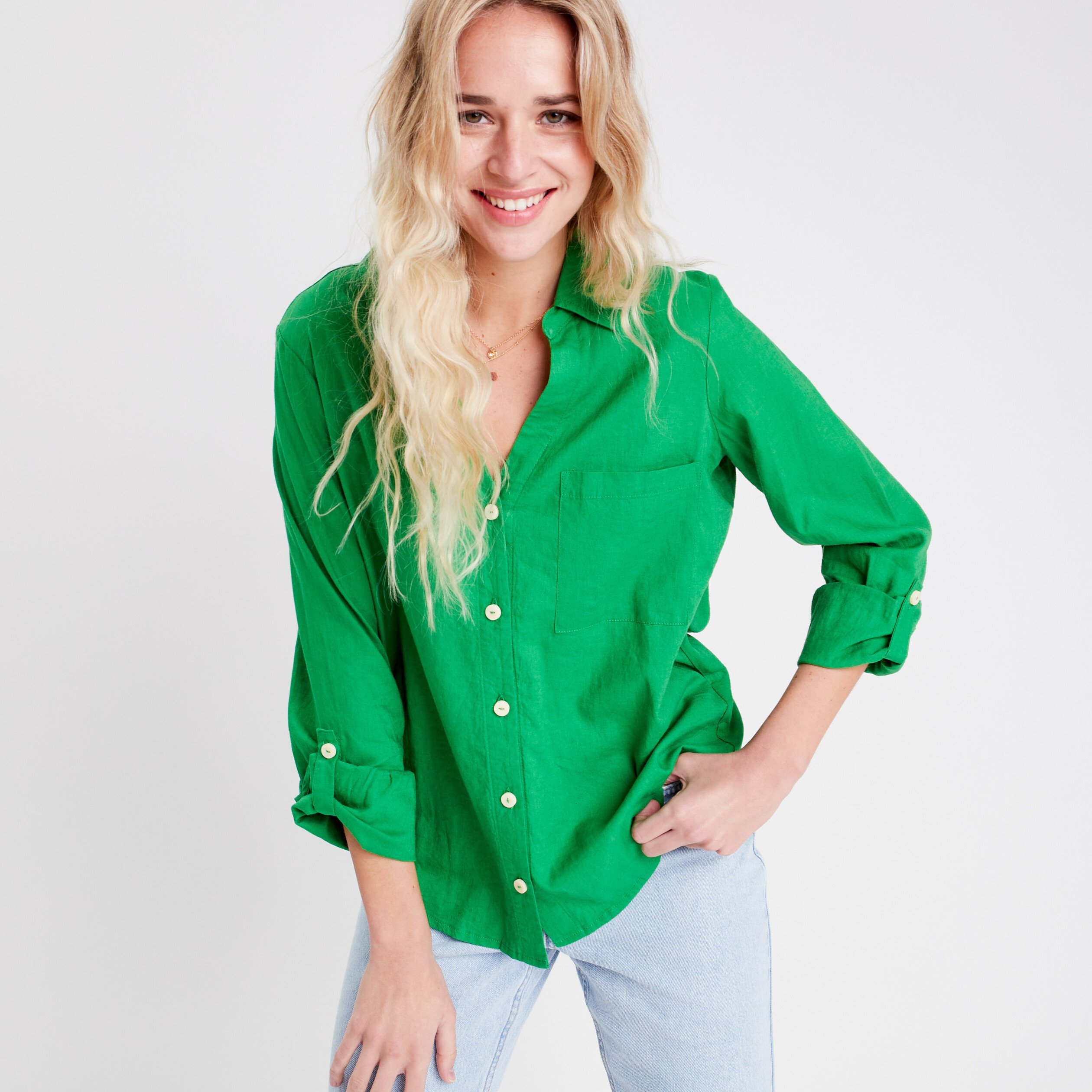 Chemise manches longues contenant du lin vert femme