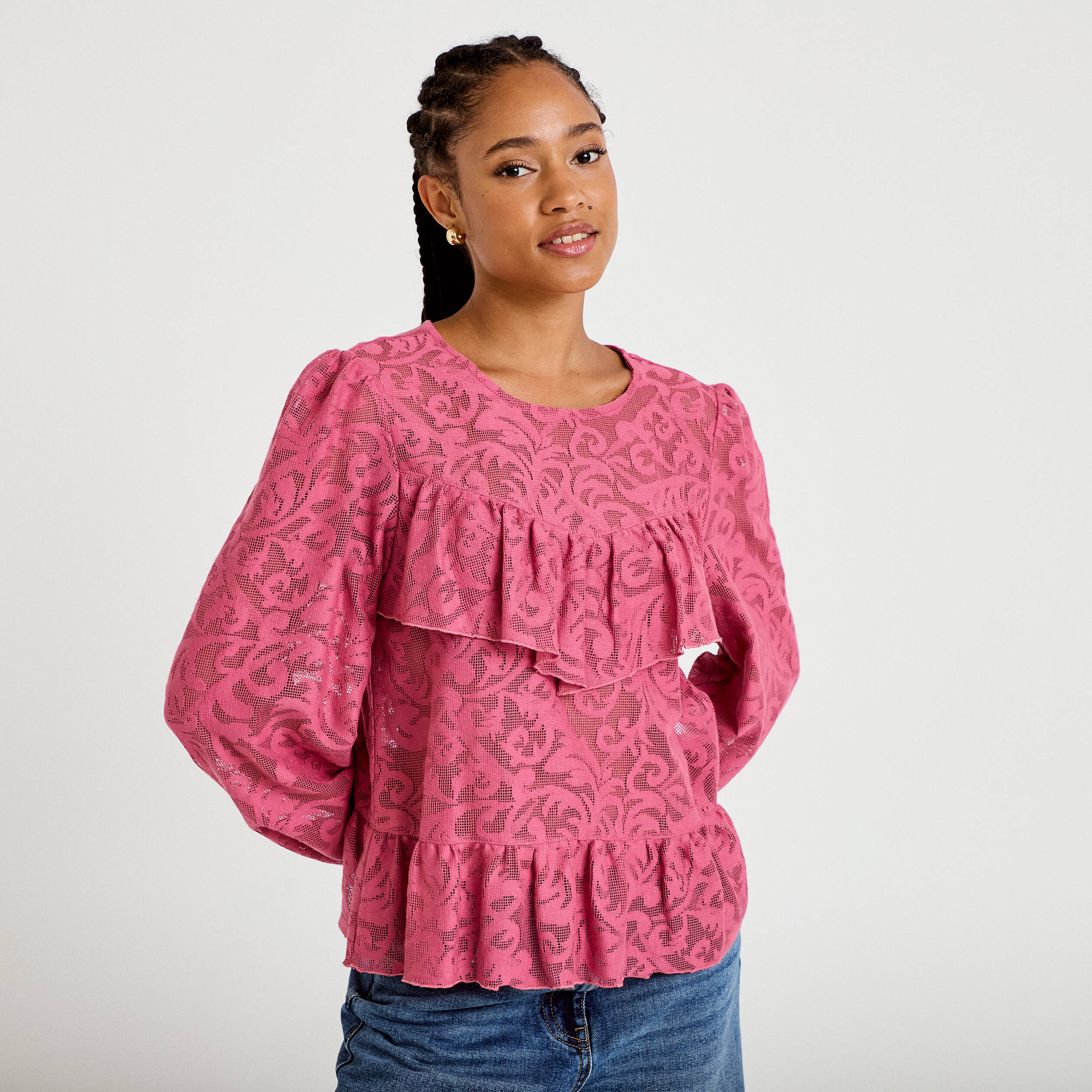 Blouse en dentelle manches longues vieux rose femme