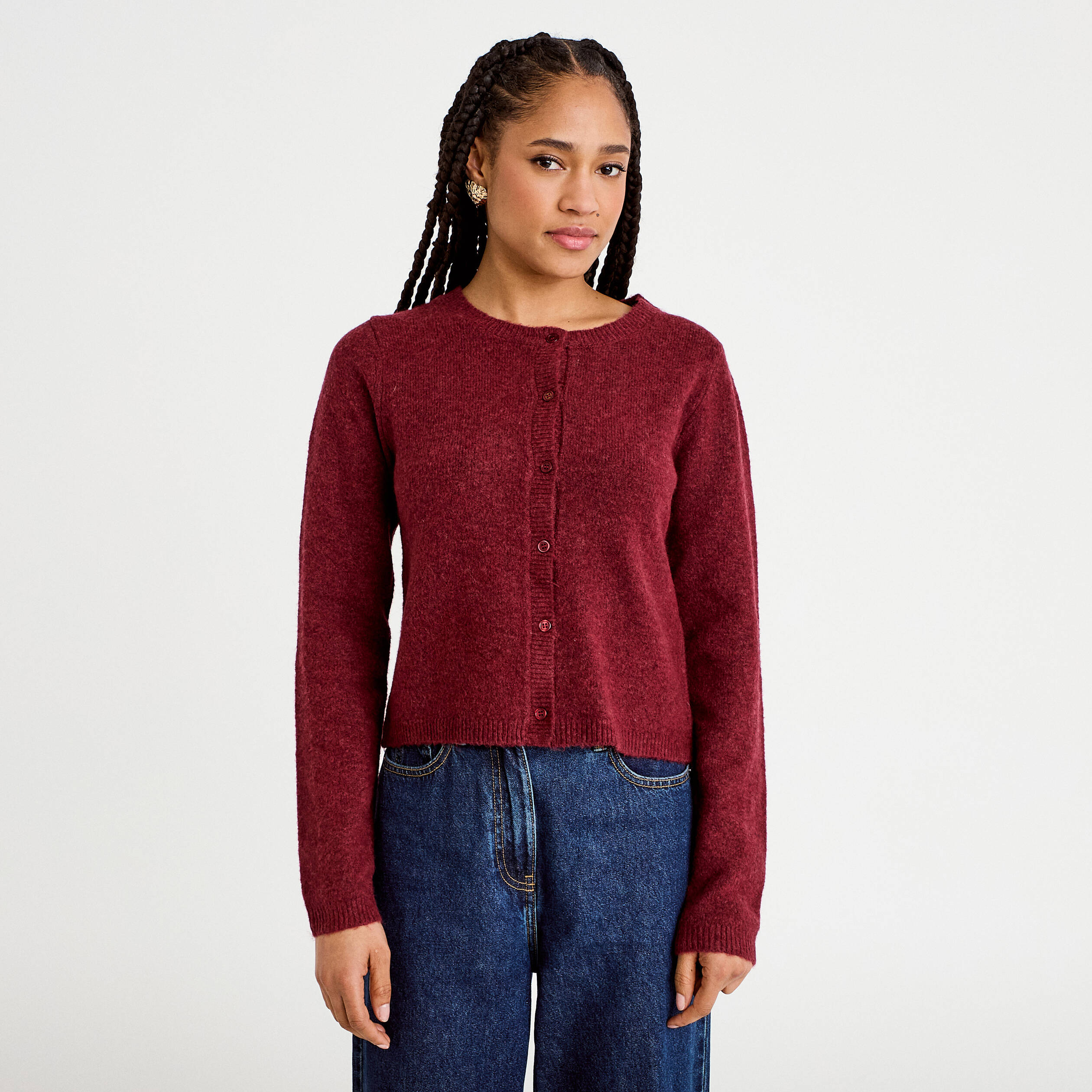 Gilet boutonn&eacute; manches longues rouge fonc&eacute; femme