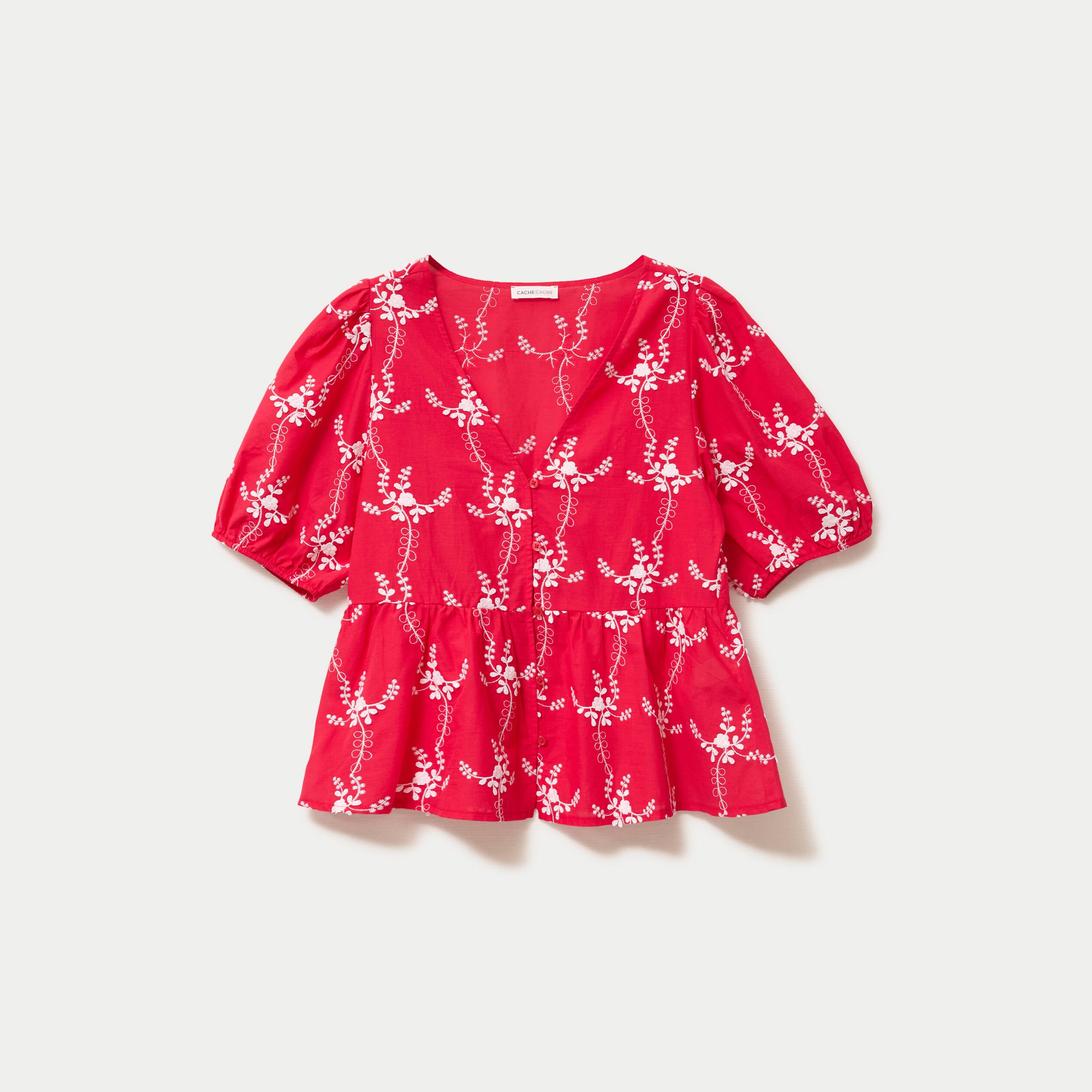 Blouse col v manches courtes brod&eacute;e rouge femme