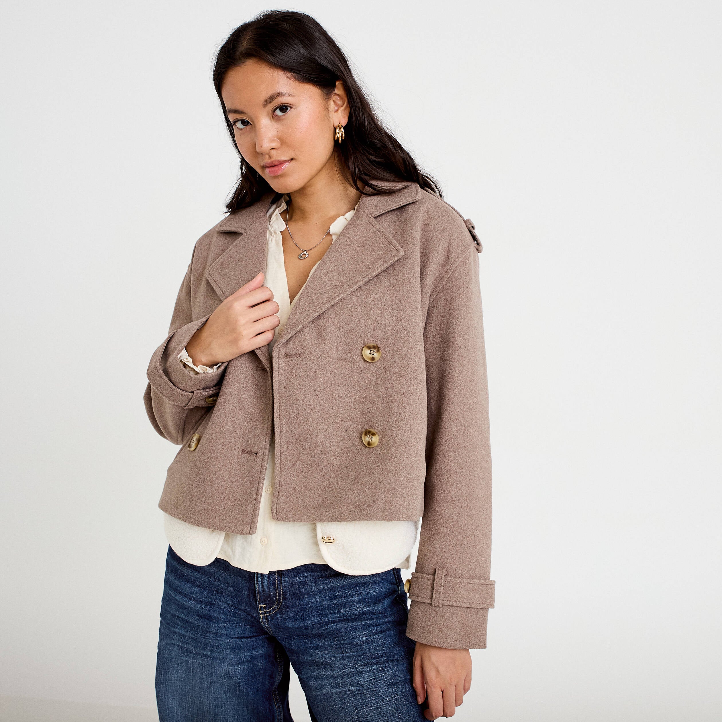 Trench droit court col tailleur taupe femme