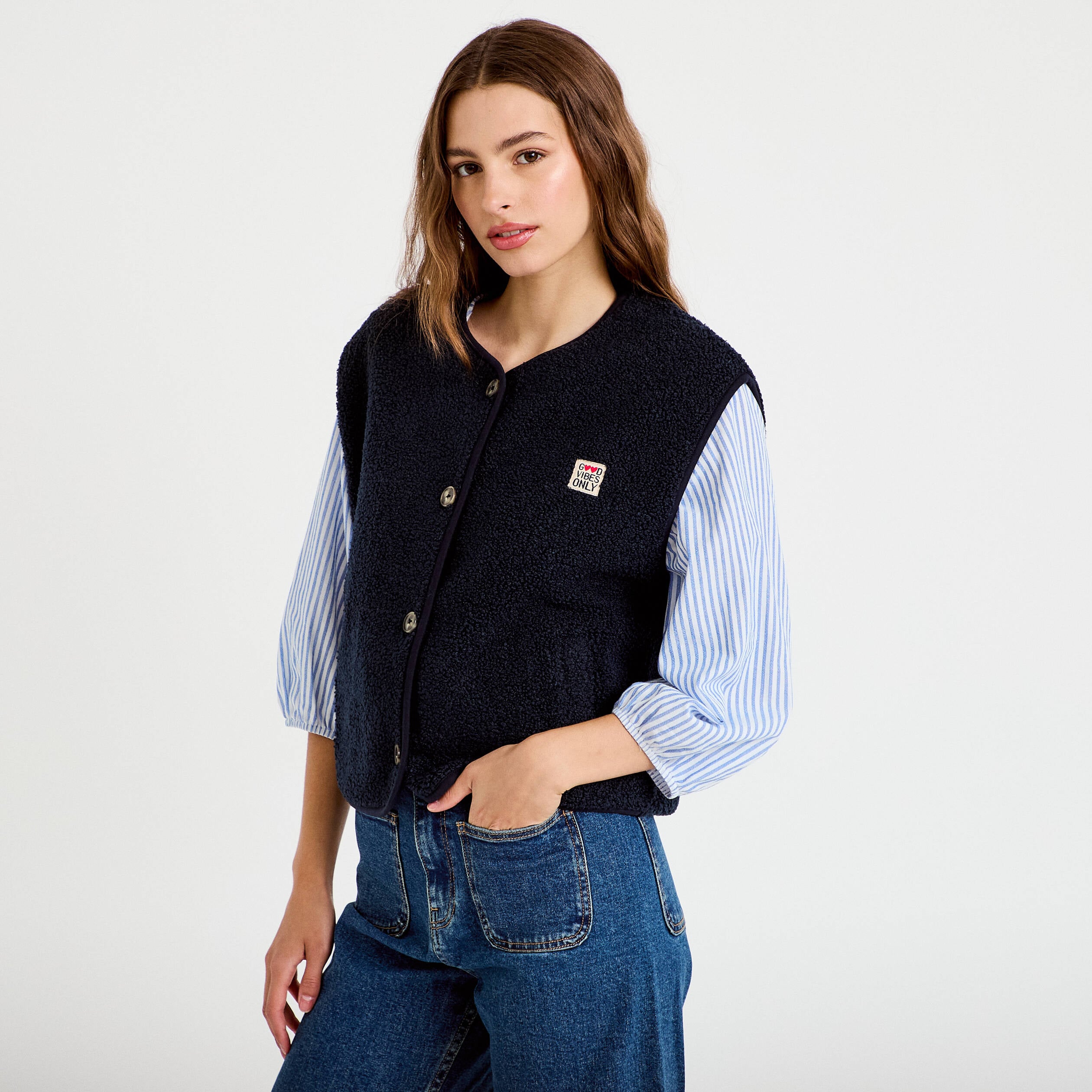 Gilet sans manches fausse fourrure bleu marine femme