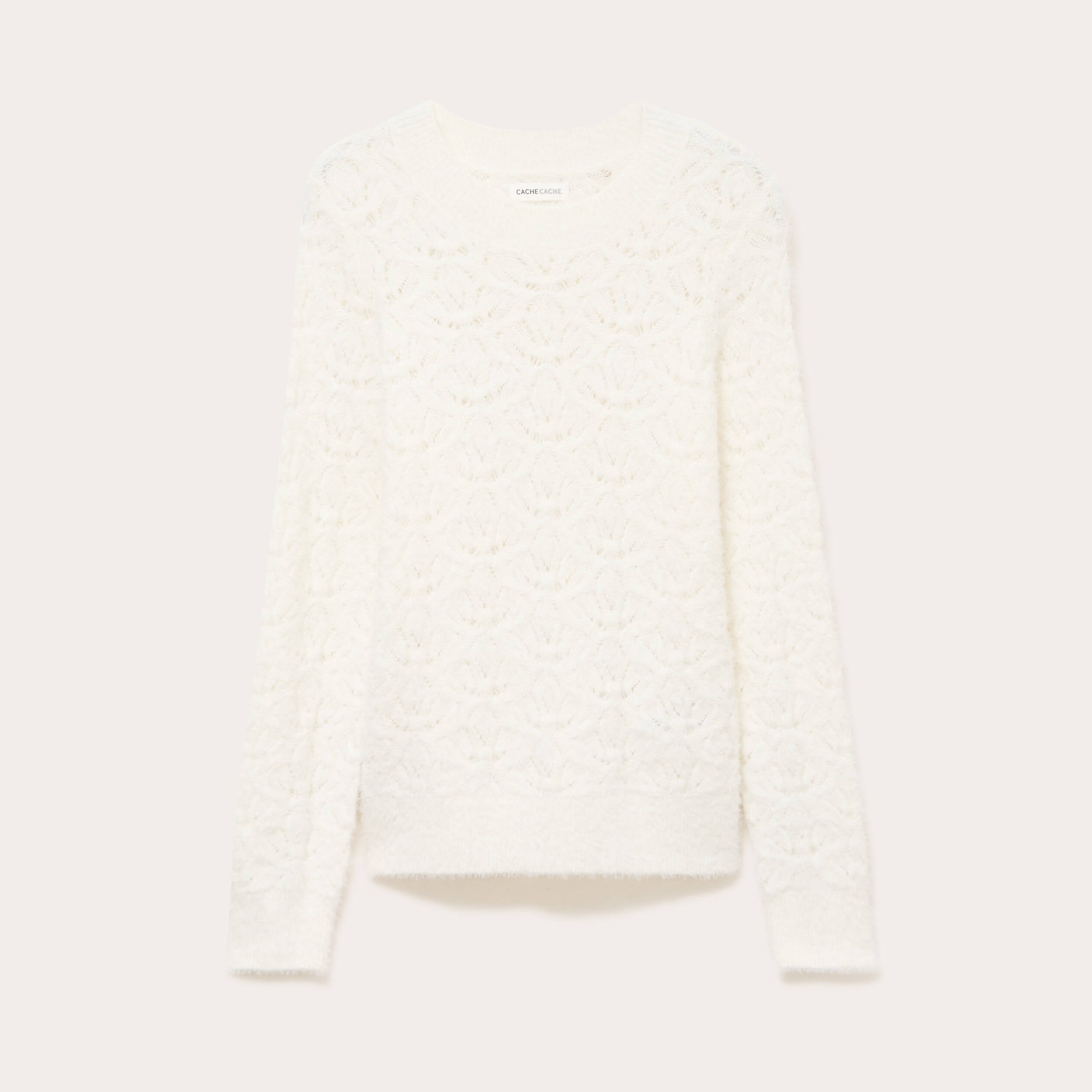 Pull ajour&eacute; col rond manches longues ecru femme