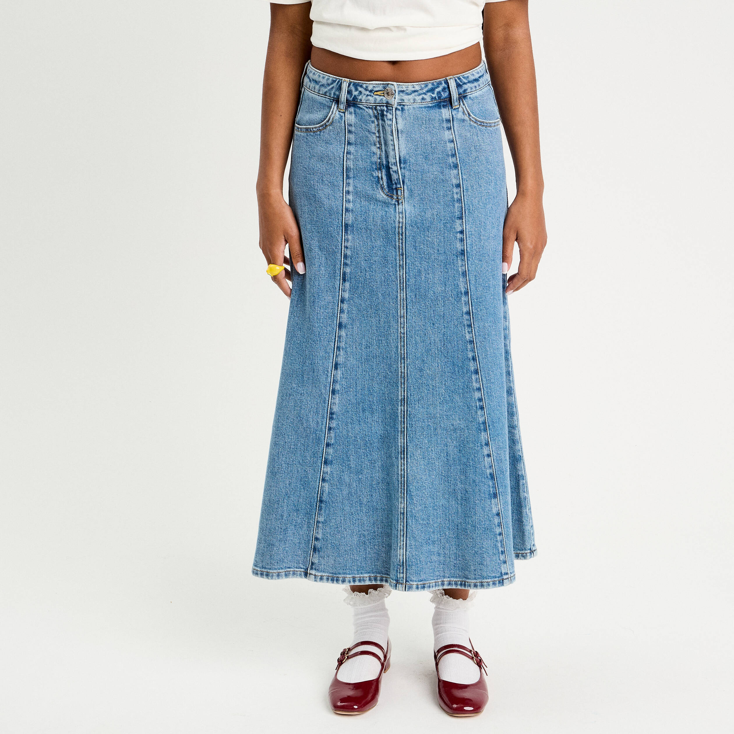 jupe midi trapeze en jean denim double stone femme Jupe midi trapèze en jean denim double stone femme