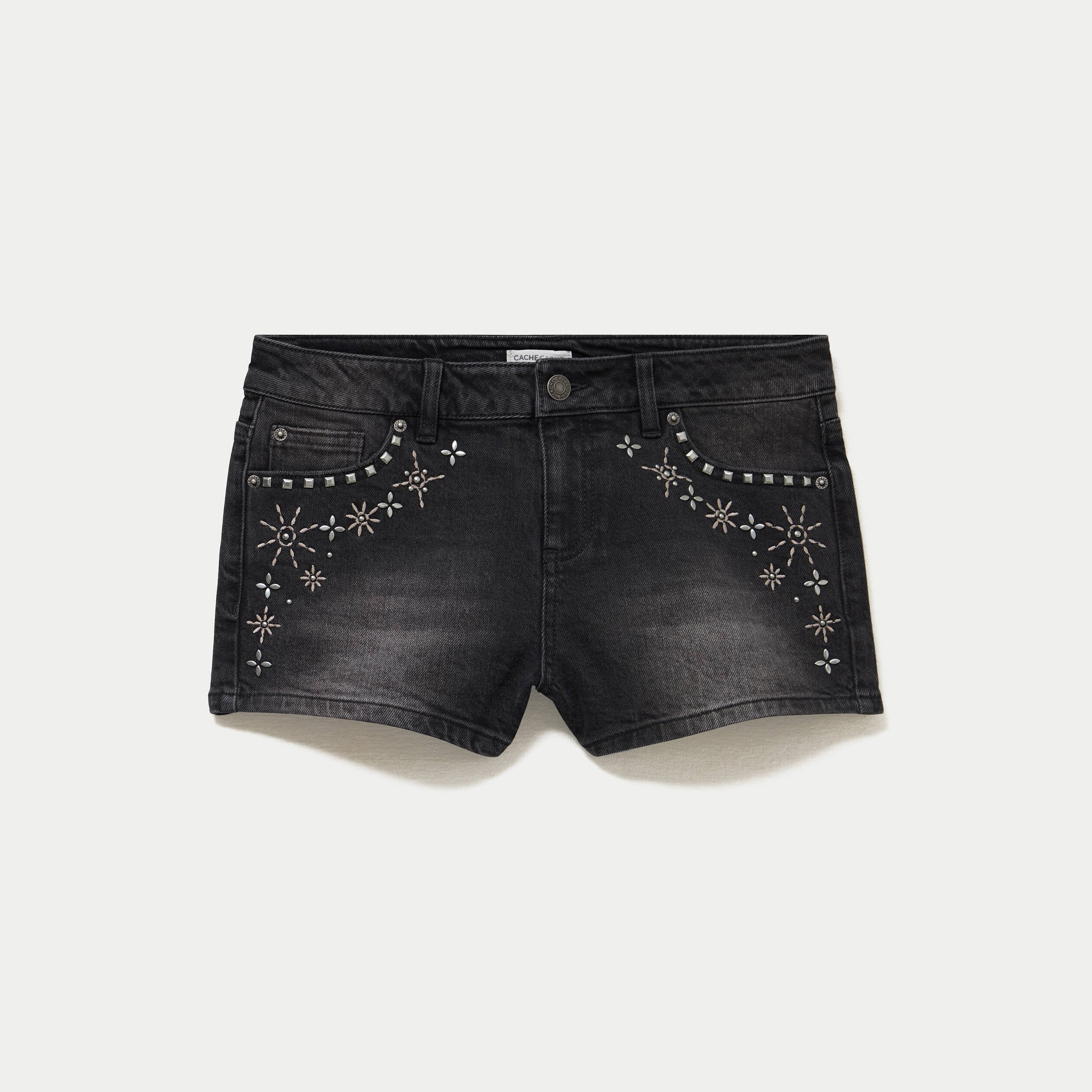 Short en jean avec broderie denim noir femme
