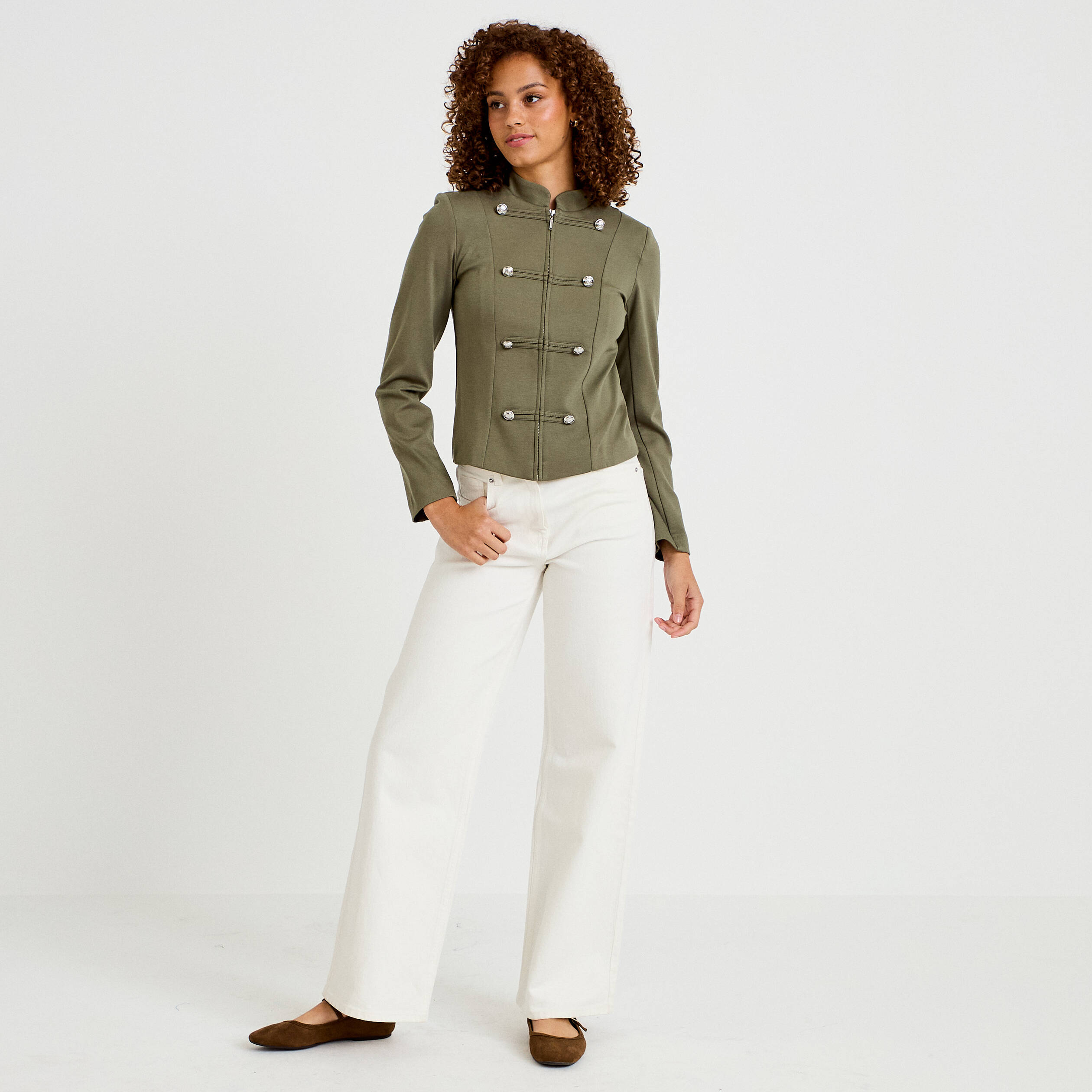 Veste ajust&eacute;e manches longues vert kaki femme