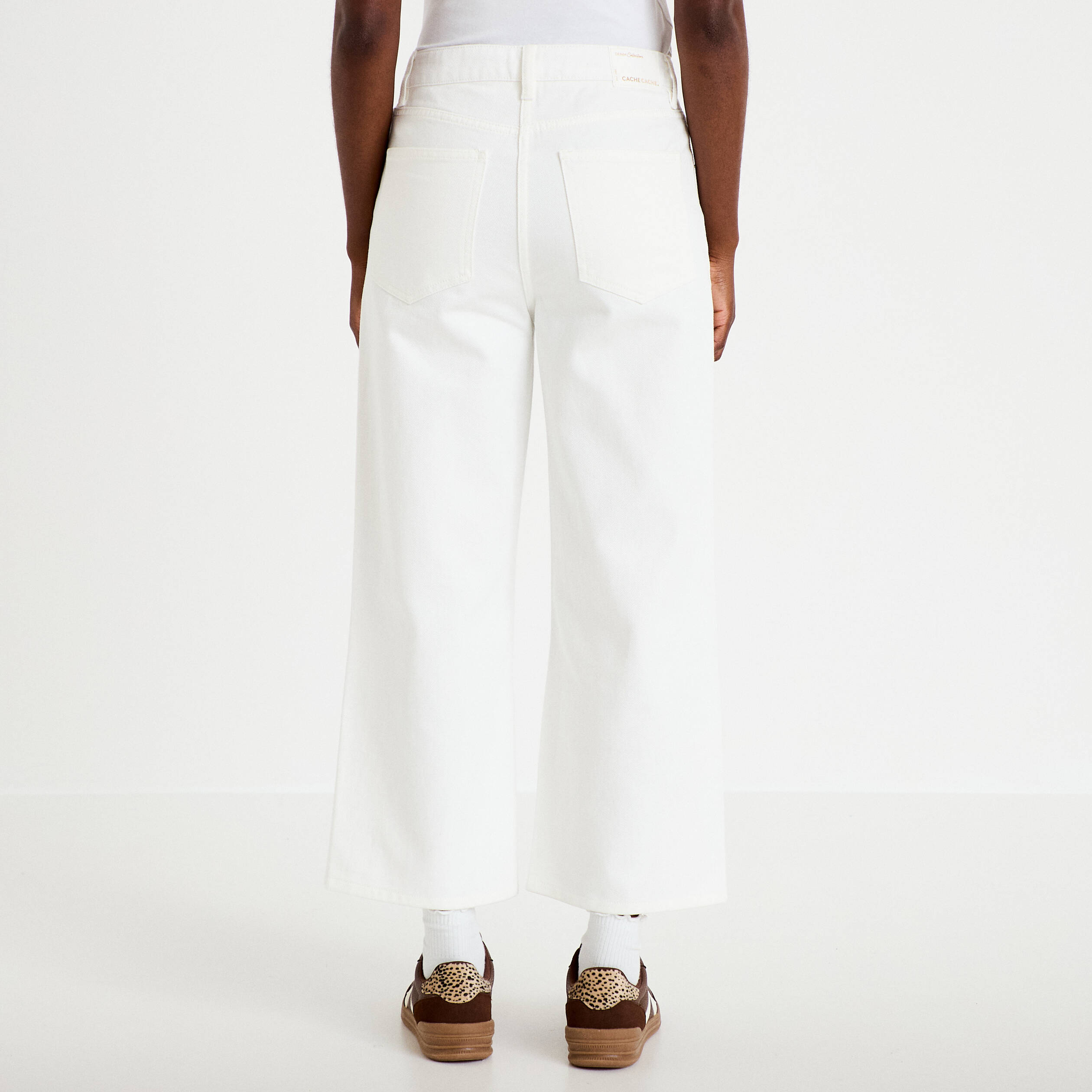 Jean wide leg cropped taille haute ecru femme
