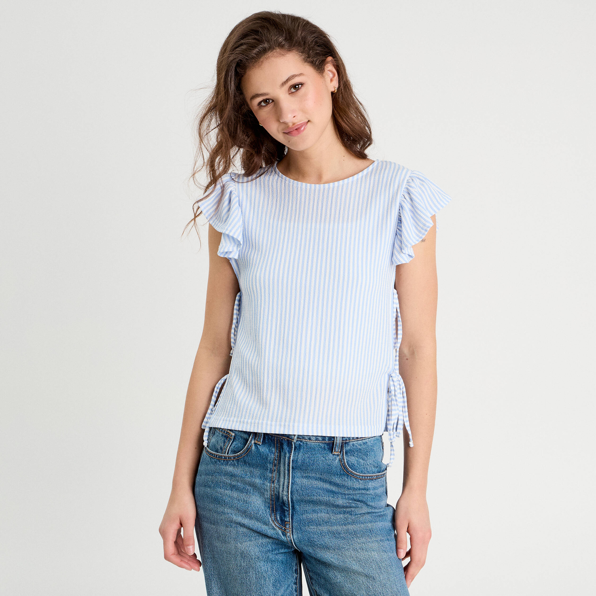 T-shirt noeuds c&ocirc;t&eacute;s bleu femme