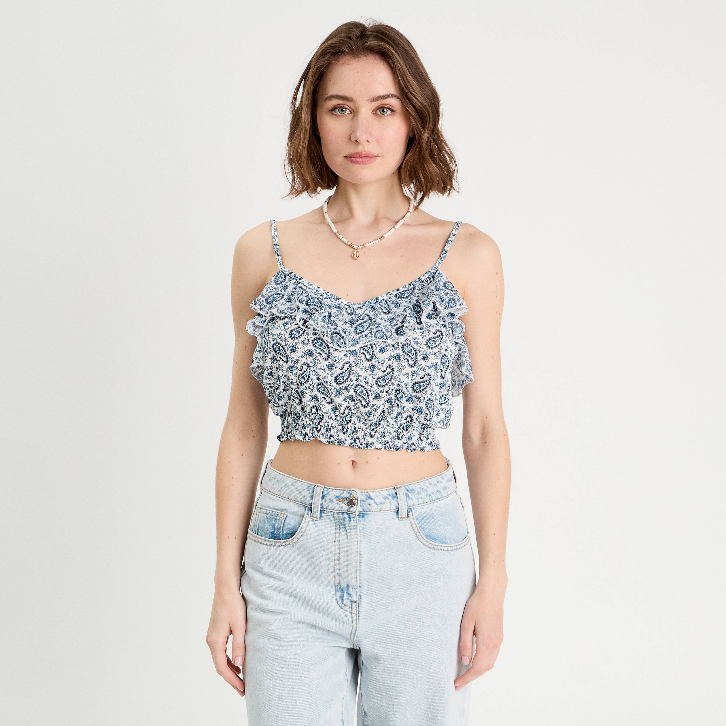 Débardeur cropped volants bleu femme