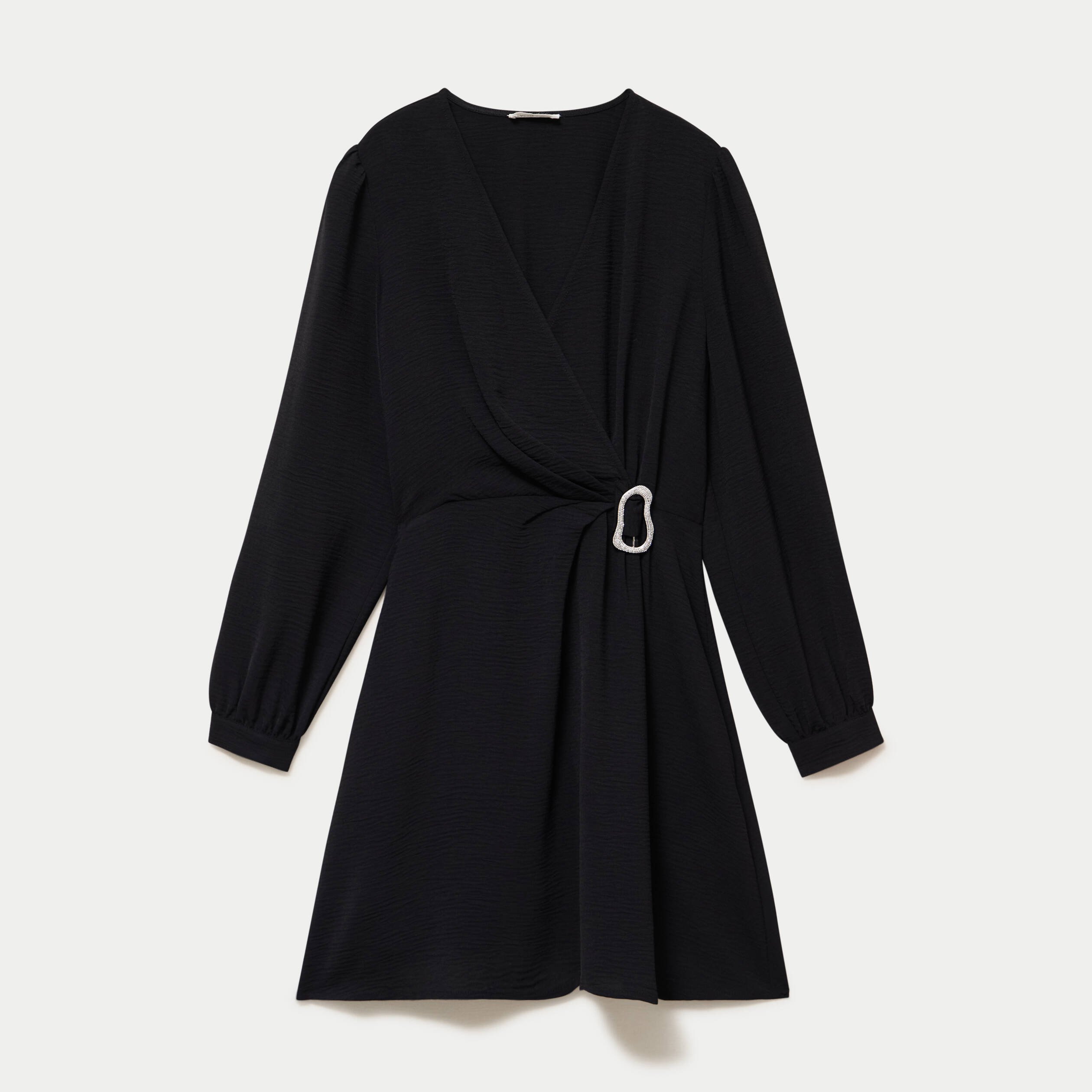 Robe courte &eacute;vas&eacute;e col v manches longues noir femme