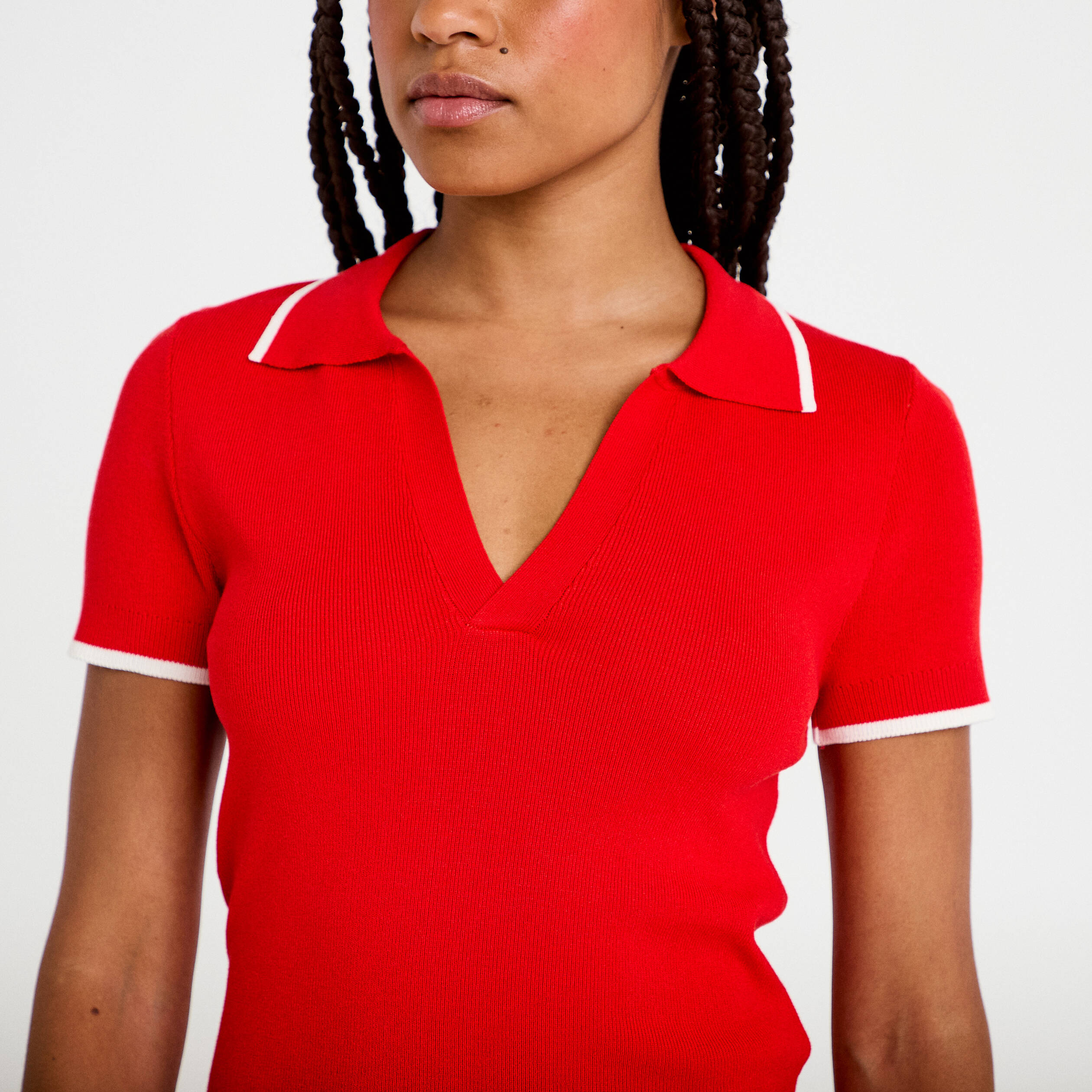 Pull manches courtes col polo rouge femme