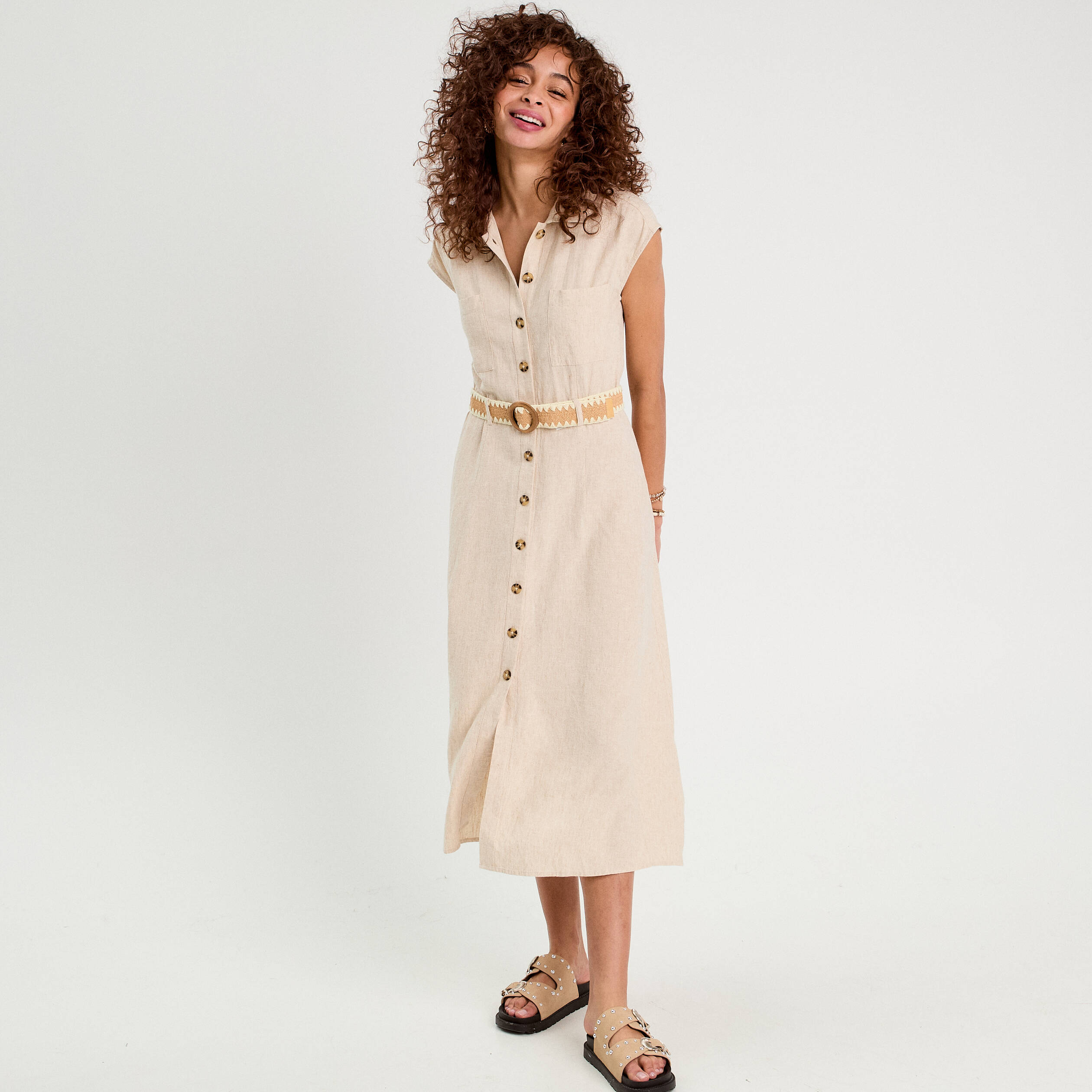Robe chemise midi contenant du lin beige femme
